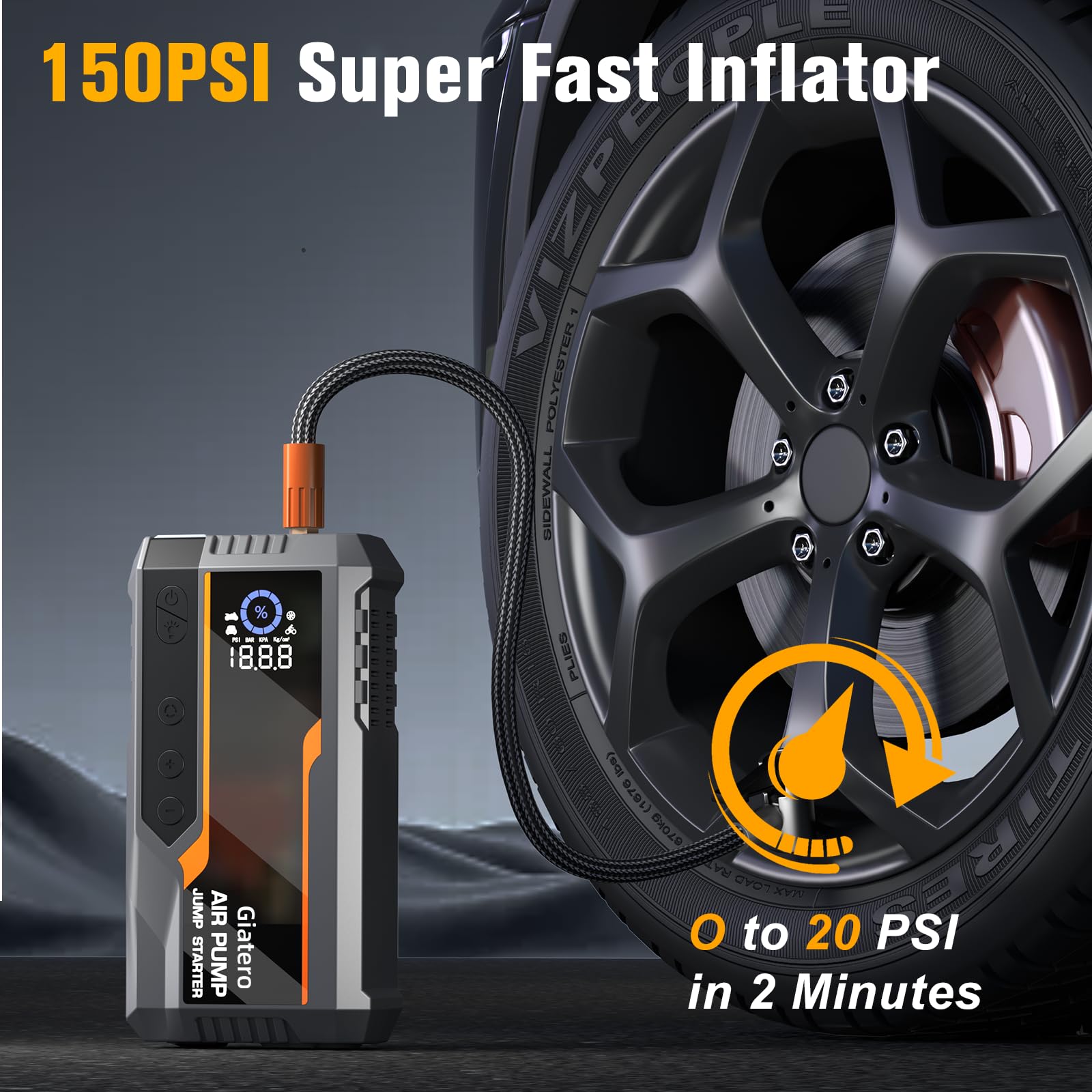 Giatero Jump Starter with Air Compressor, 4000A 150PSI Car Battery Jump Starter Portable (All Gas/10.0L Diesel), 12V Jump Box Ba