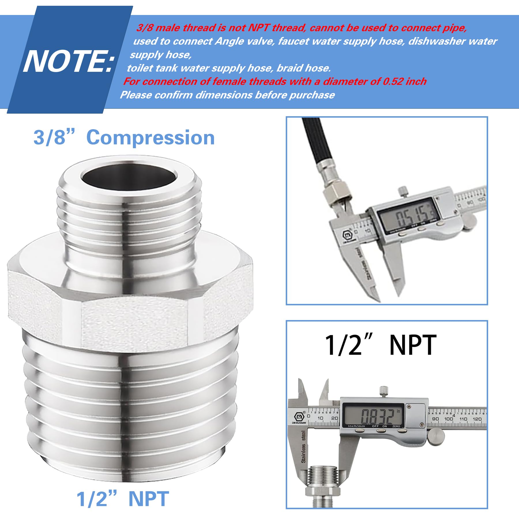 Carvedexquisitely Rv Faucet Adapter,Npt 1/2'' To Compression 3/8'' Reducer Faucet Supply Line Adapter,Stainless Steel 304 Compre