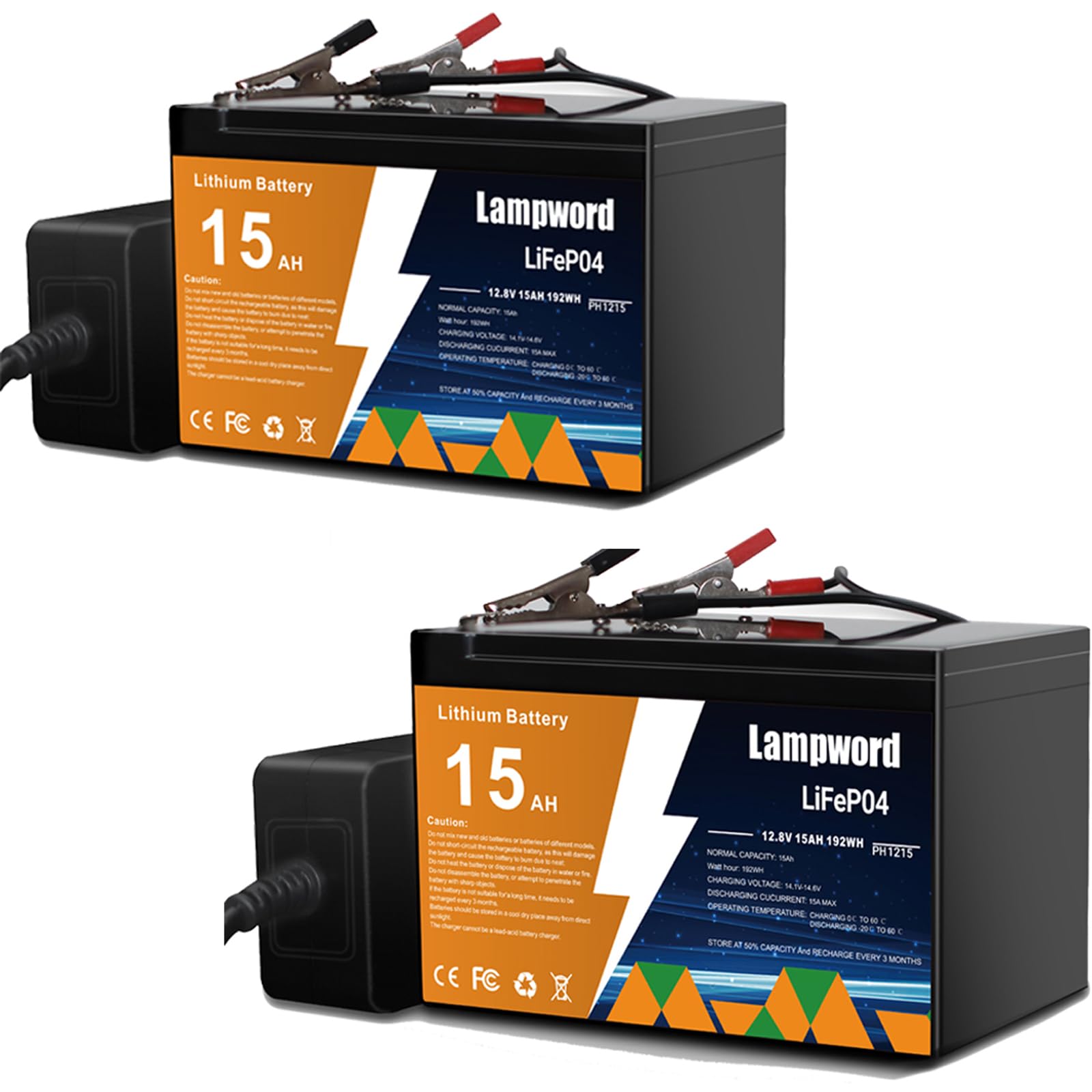 Lampword Lithium Battery 2 Packs 12V 15Ah LiFePO4 Battery 2000+ Deep Cycle Rechargeable Batteries for Trolling Motor/Golf Cart/S