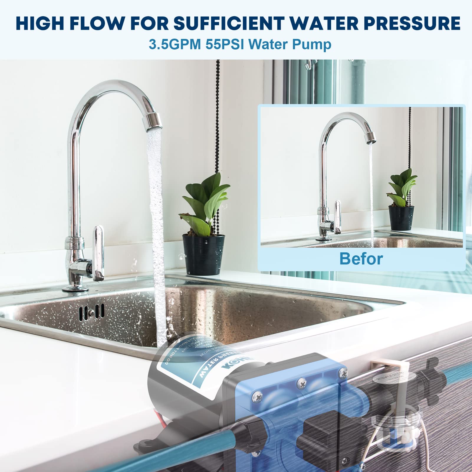 Kohree Rv Water Pump 3.5Gpm 55Psi 12V Quiet Dc Diaphragm Fresh Water Pump For Camper, Rv Marine, Yacht, Caravan, With Pressure S