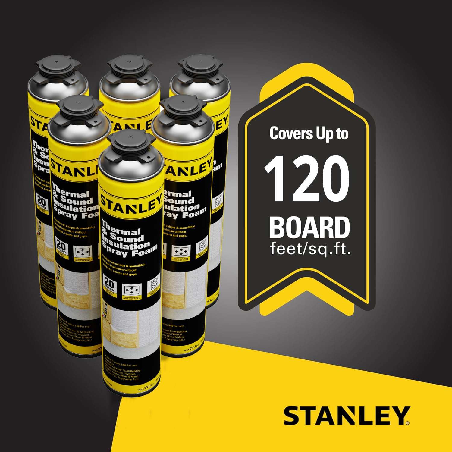 STANLEY F 990P Closed Cell Spray Foam Insulation Kit, 27.1 oz, 6 Pack, Polyurethane Foam, Covers Up to 120 Sq.Ft., Includes Gun &