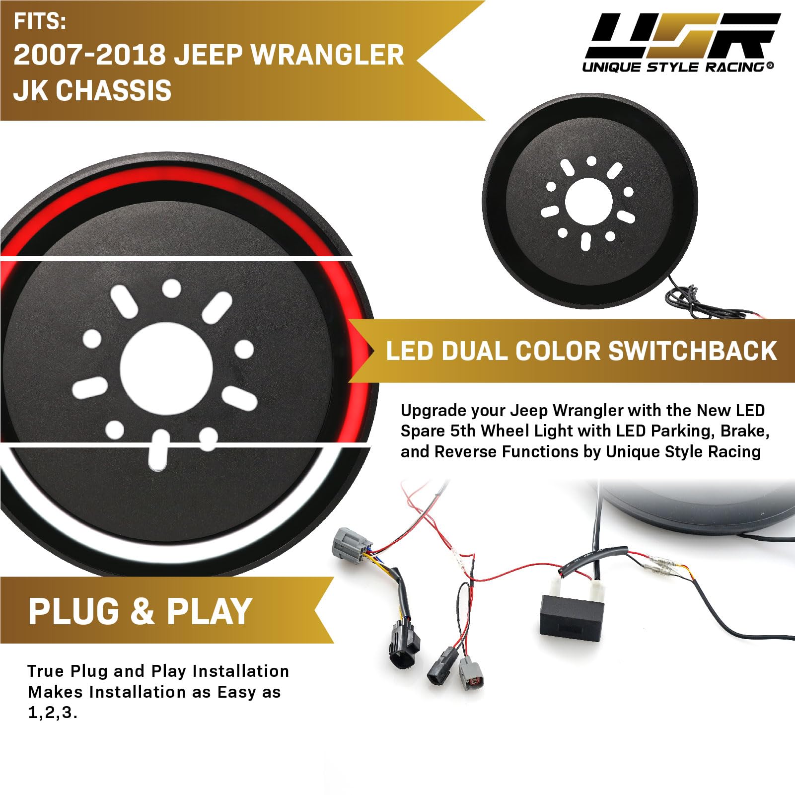 Usr 07-18 Jk Wrangler Spare Tire 3Rd Third Brake Light Switchback Red/White Led Halo Ring Bar Rear Tail Wheel Light Compatible W