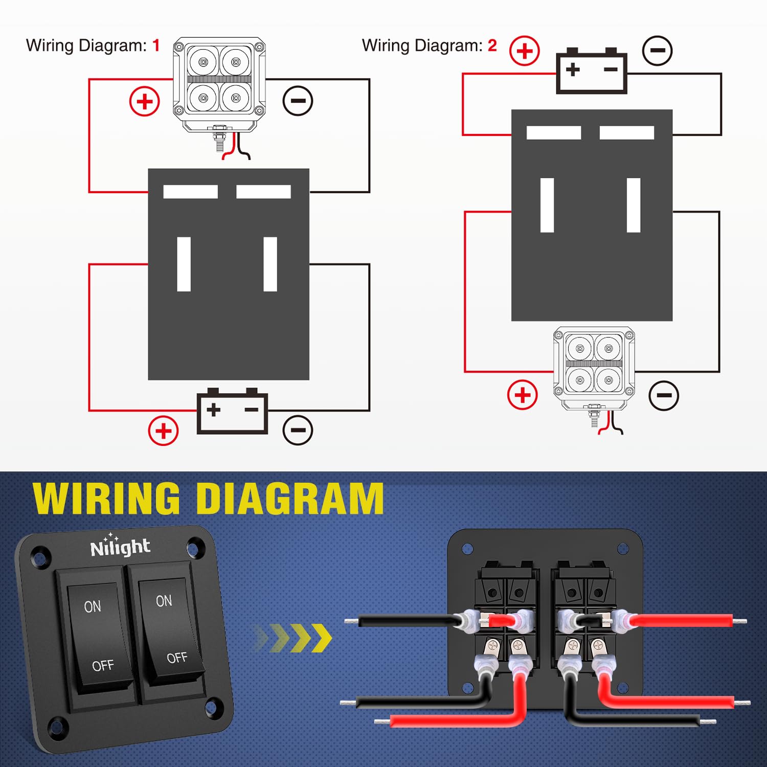 Nilight 2 Gang On-Off Switch Panel 4 Pin Dpst Toggle Switches 12V 20A Black Anodized Aluminium Shell Bracket With Screws Ternima