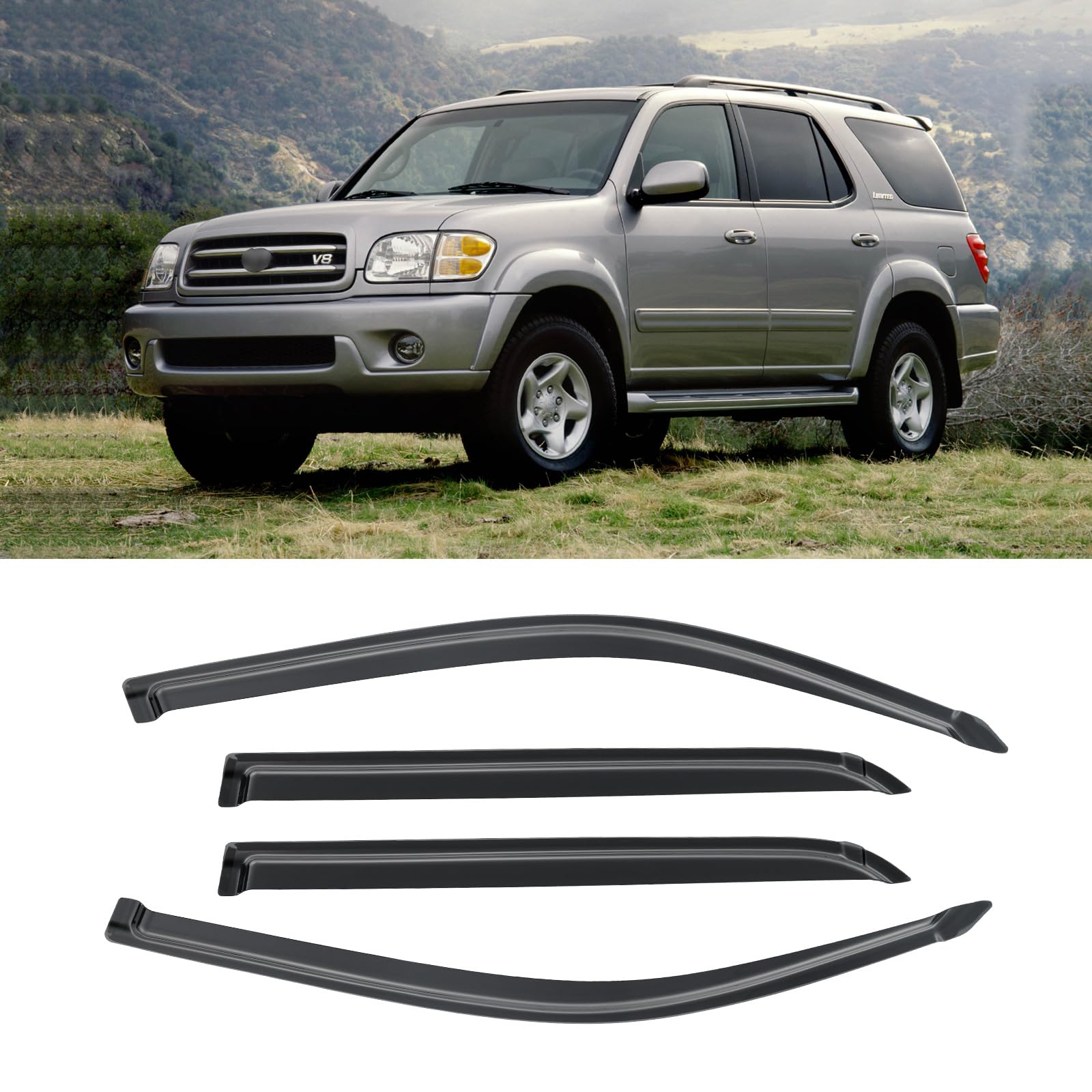 Window Visor For 2001-2007 Toyota Sequoia, Out-Channel Rain Guards Shields Vent Shade Deflector Wind Dark Smoke Ventshade Ventvi