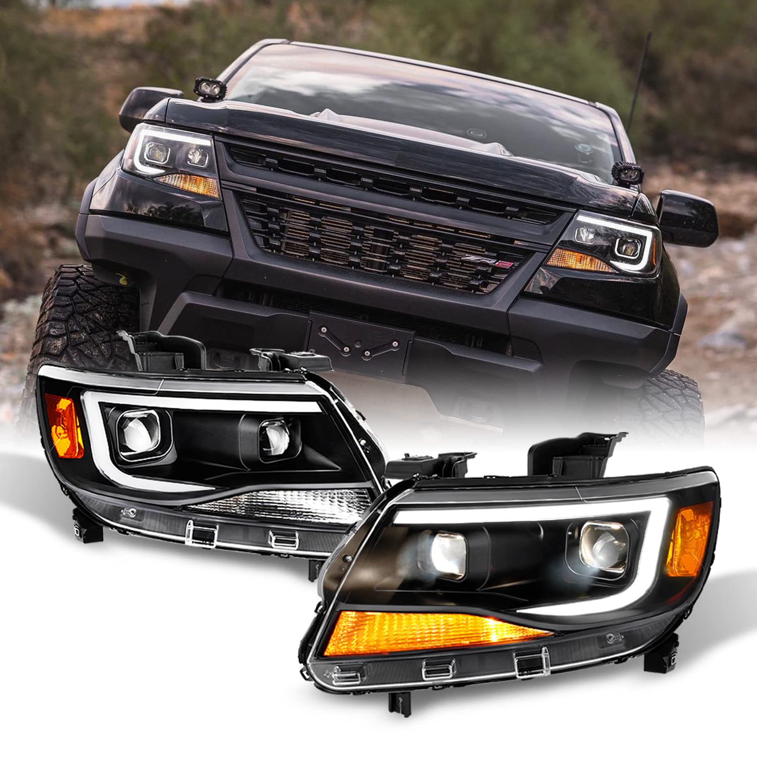 Akkon - For [Black] 2015-2022 Chevy Colorado Frost White Led Drl Dual Square Projector Headlights Pair Set