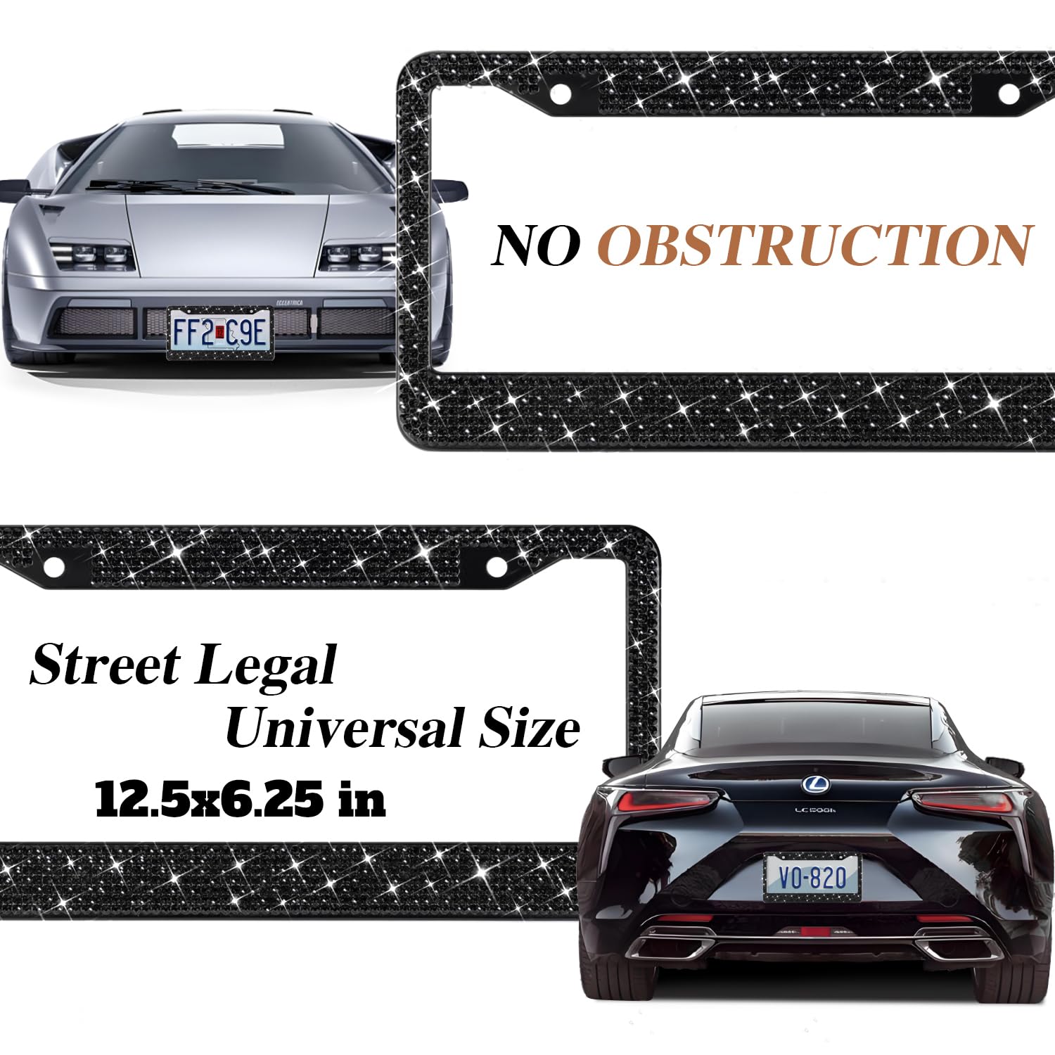 Ewbn Bling License Plate Frame For Women, 2 Pack Premium Stainless Steel Diamond License Plate Holder,Sparkly Car Accessories Rh