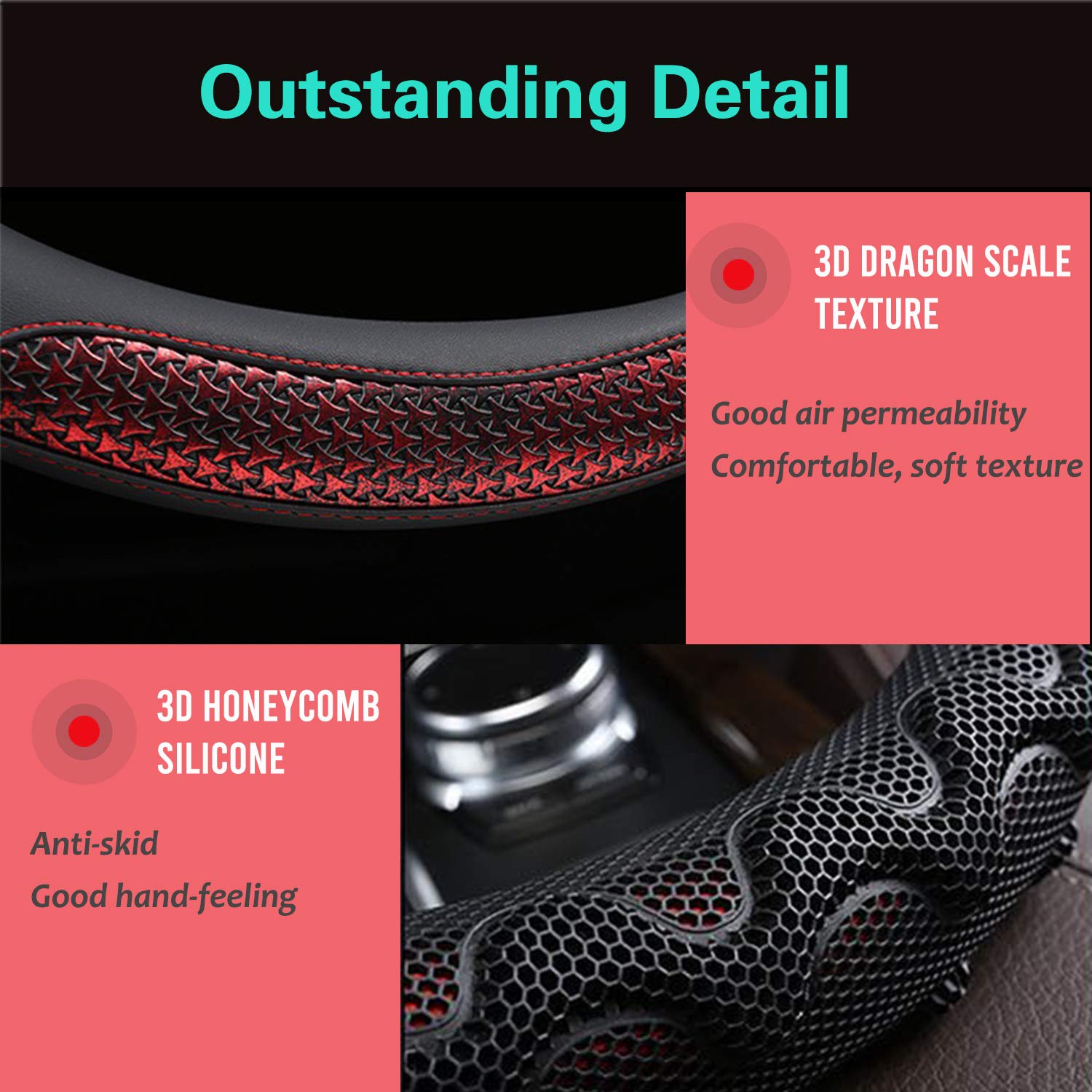 Pinctrot Steering Wheel Cover Great Grip With 3D Honeycomb Anti-Slip Design, Universal 14.5-15 Inch (Wine Red)
