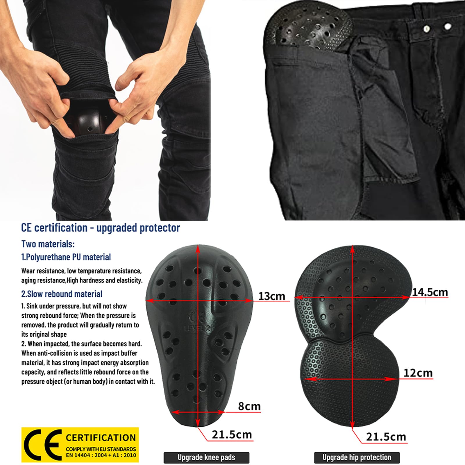LOMENG Motorcycle Riding Pants Motorbike Motocross Cycling Jeans Safety CE Knee Hip Removable Armored All Seasons for Men Black