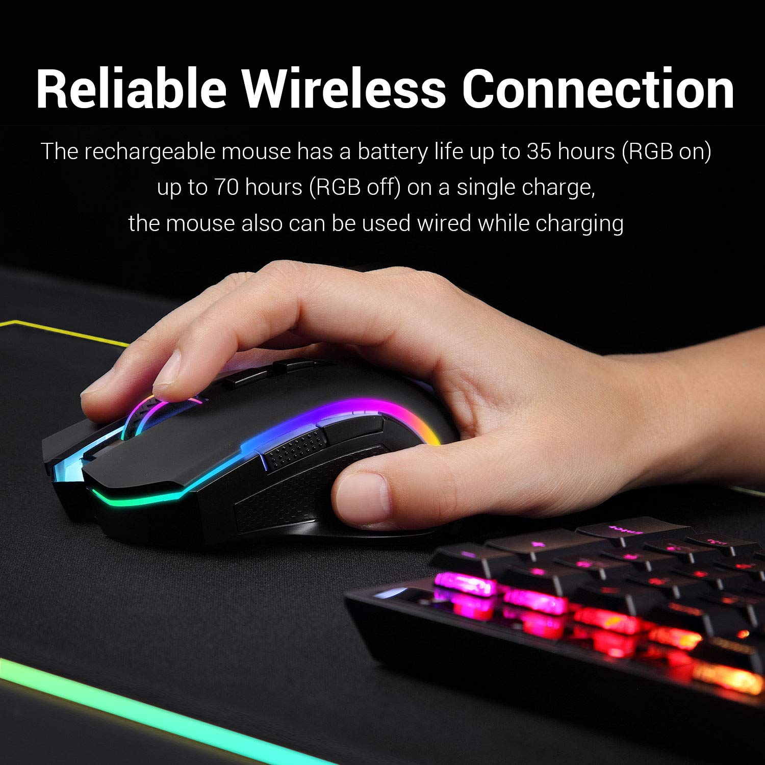 Redragon M602 Griffin RGB Wireless Gaming Mouse - Ergonomic, 7200 DPI, 7 Backlight Modes, Black, for Windows PC Gamers