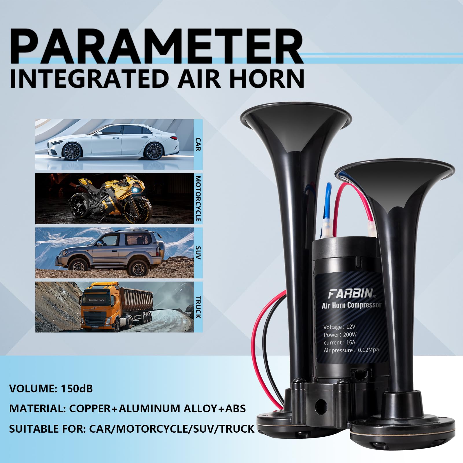 Farbin Black Air Horn For Truck Train Horn For Car Loud Car Horn With Button Truck Horns With Compressor 12V Airhorns Horns Loud