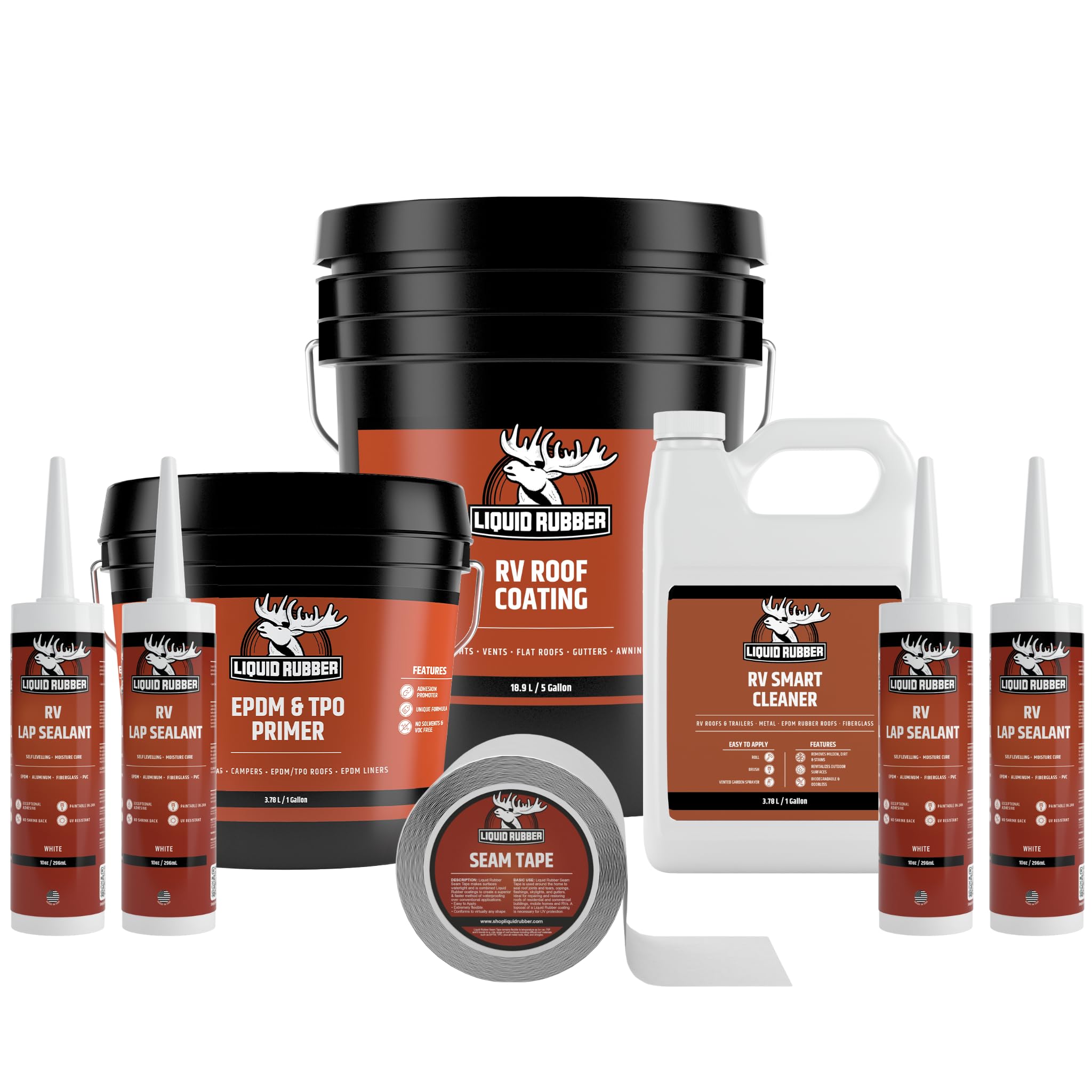 Liquid Rubber Rv Roof Coating Solar Reflective Sealant Waterproof Trailer Roof Repair Kit Includes: Rv Roof Coating 5 Gallon, Edpm Primer 1G, Smart Cleaner 1 Gallon, Seam Tape, Lap Sealant