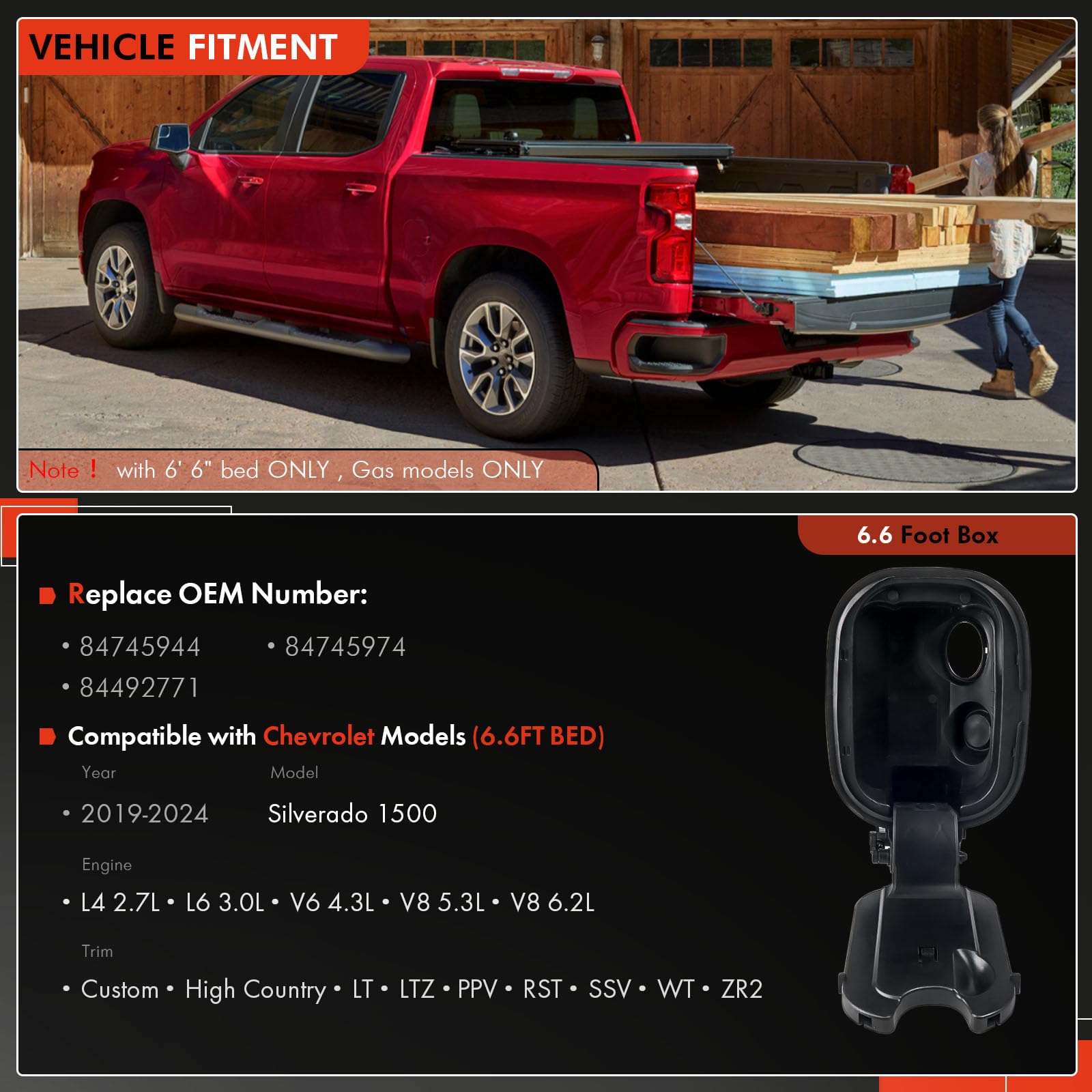 84745944 Fuel Tank Filler Pipe Housing Fit for Chevy Silverado 1500 2019-2024 Only Fit Chevrolet Gas 6'6'' Bed, Gas Cap Fuel Doo