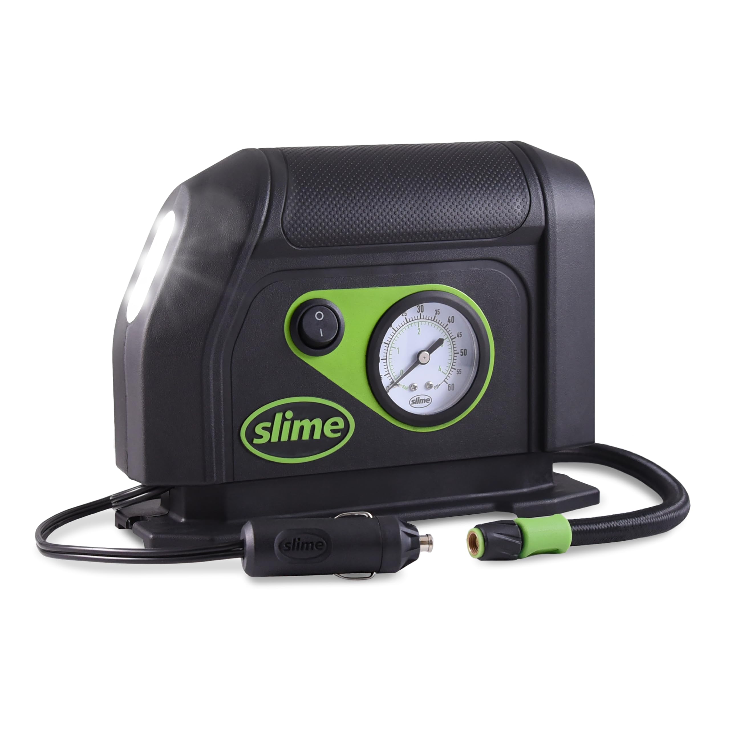 Slime 40050 Tire Inflator, Portable Car Air Compressor, With Analog 100 Psi Dial Gauge, Long Hose And Led Light, 12V, 8 Min Infl