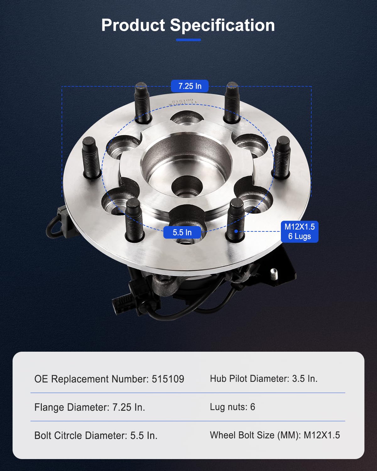 ECCPP Replacement for Wheel Bearing Hub 515109 Hub Bearing Assembly Hub Assemblies Front Axle, Right 6 Lugs W/ABS Sensor for GMC