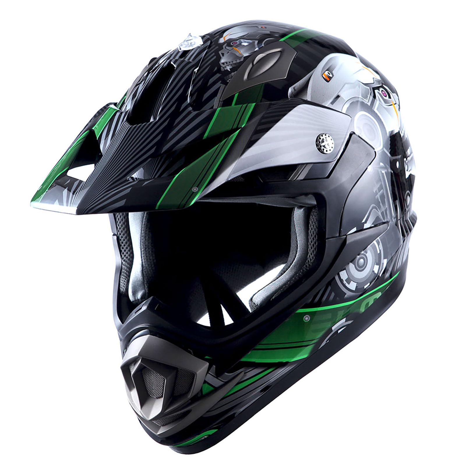1Storm Adult Motocross Helmet Off Road Mx Bmx Atv Dirt Bike Mechanic Hgxp14B Skull Green
