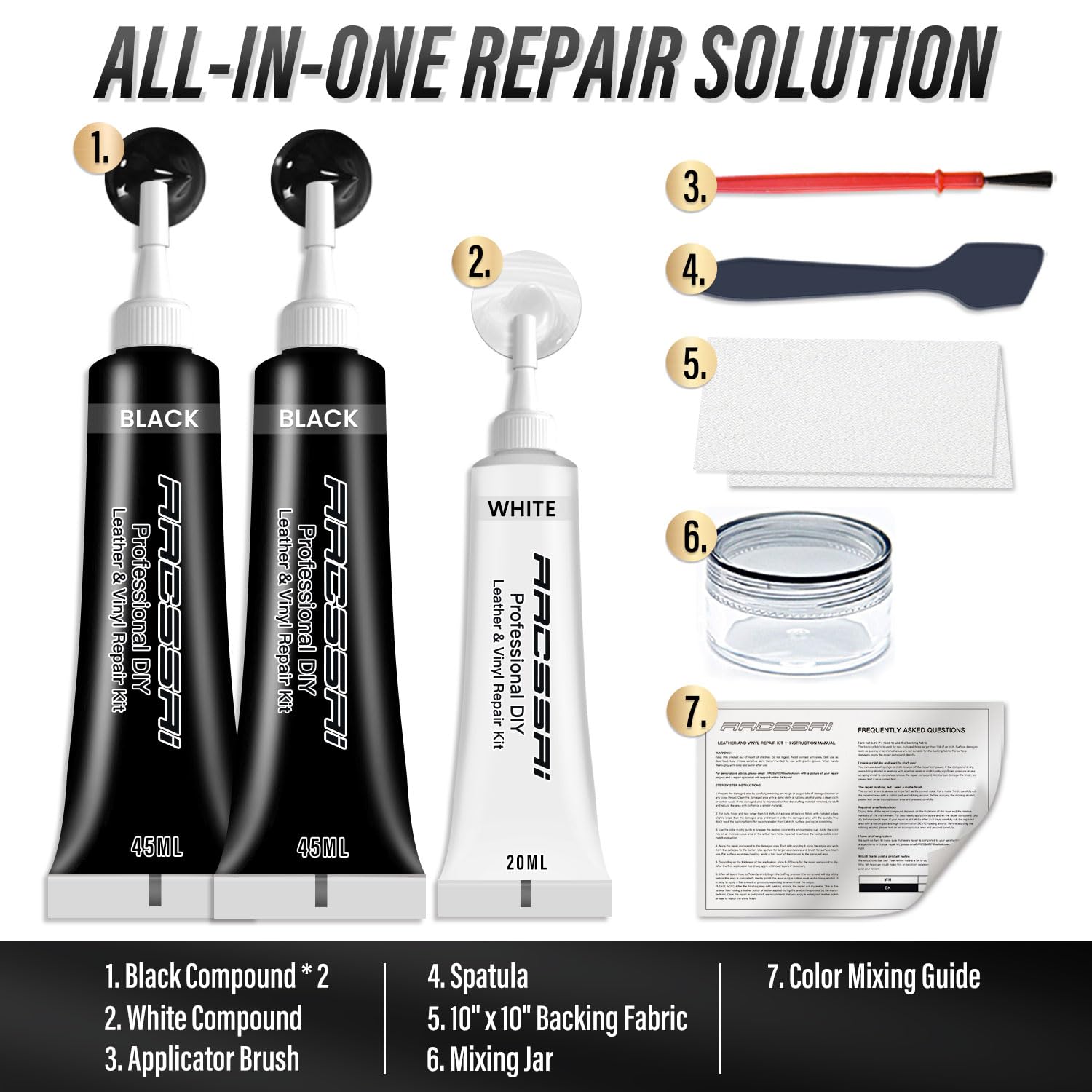 Arcssai Black Leather Repair Kit For Furniture, Gray & Black Car Interior, Car Seats, Sofa, Jacket And Purse, Vinyl Repair Kit F