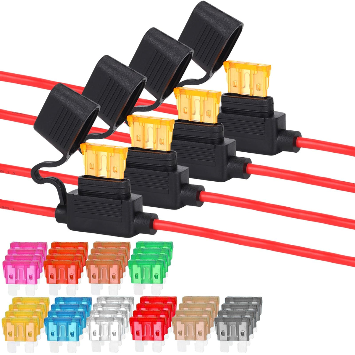 Anyongora 4 Packs 12AWG Inline Fuse Holder, Waterproof Automotive Blade Fuse Holder with 40 PCS Standard Fuses ATC/ATO (4 of Eac