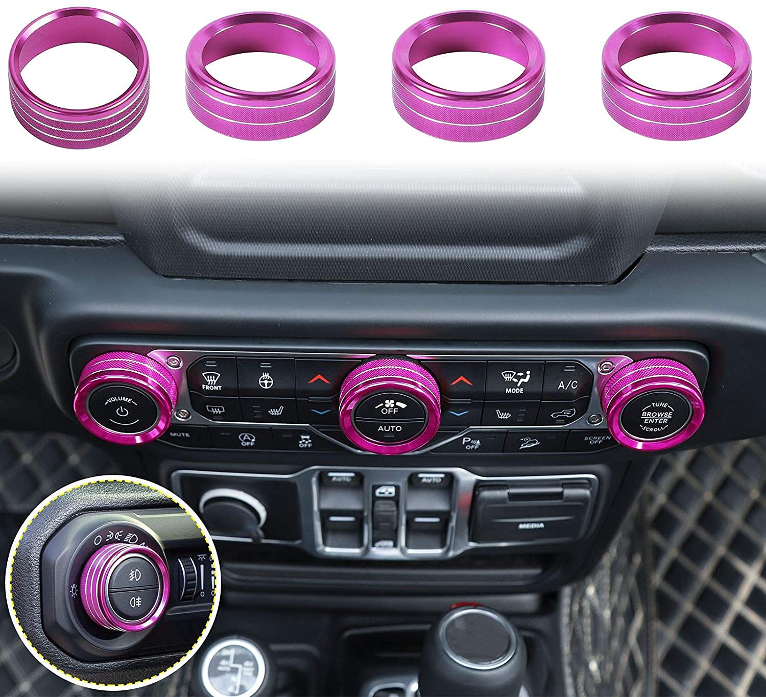 Voodonala Air Conditioner Headlight Switch Knob Trim For2018-2022 Jeep Wrangler Jl Jlu Gladiator Jt, Pink Aluminum Alloy 4Pcs