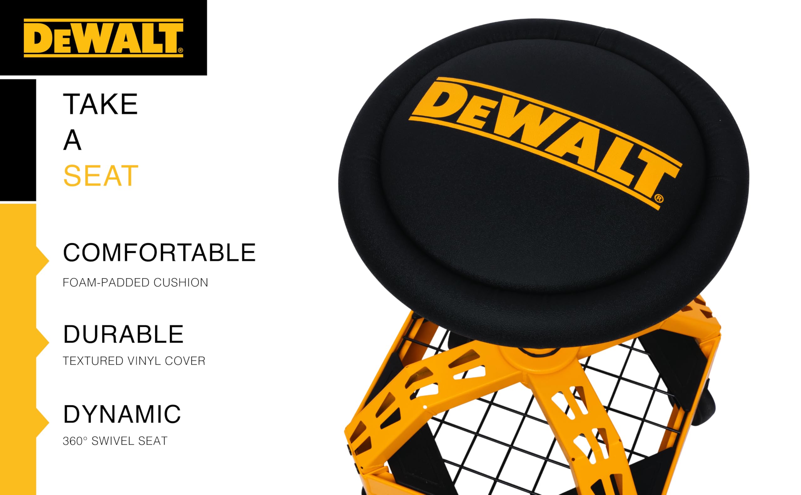DEWALT Heavy-Duty Metal Rolling Stool for Shop or Garage, Padded 360-degree Swivel Seat, Durable Steel Frame, Adjustable
