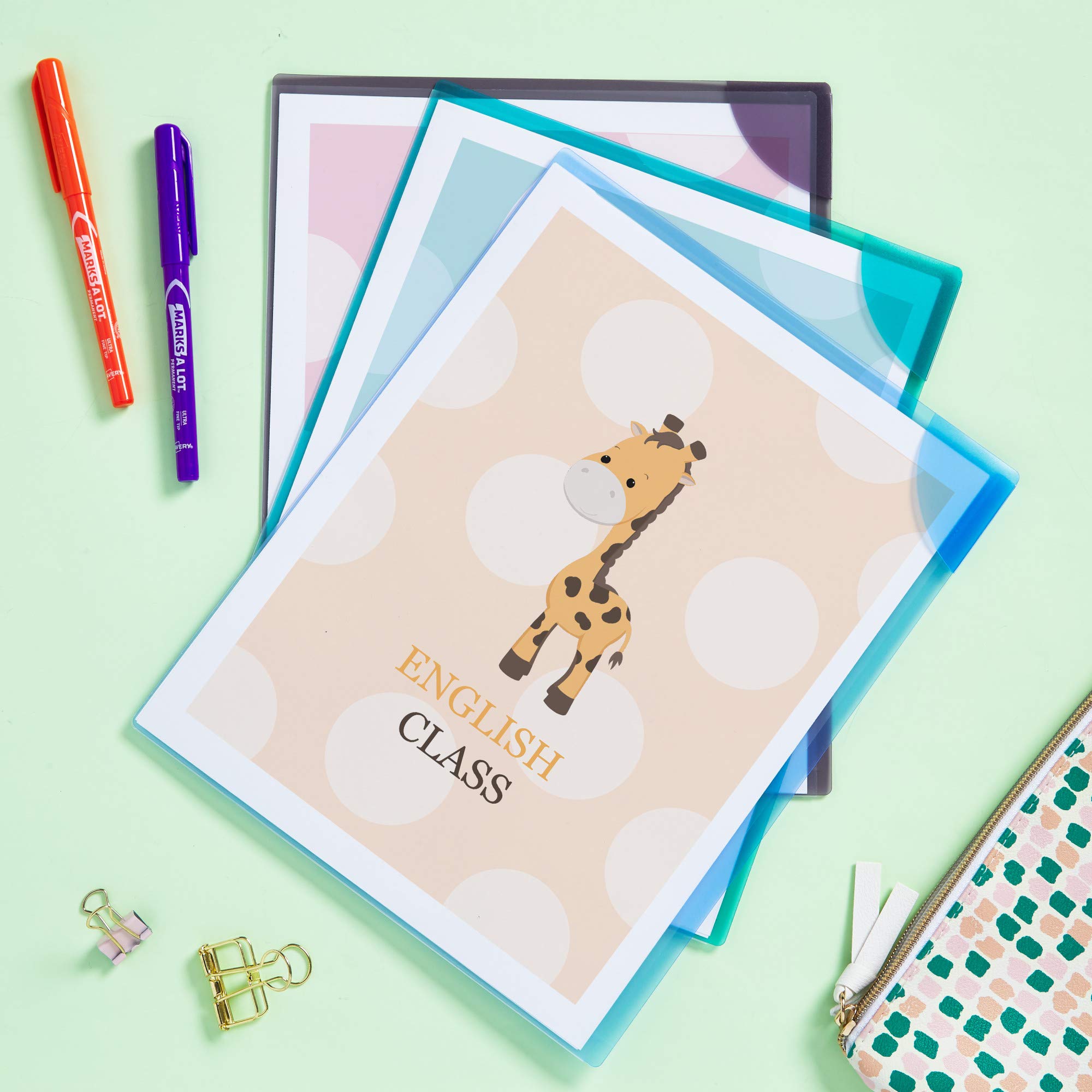 Corner Lock Document Sleeves, Letter, Polypropylene, Assorted, 6/Pack