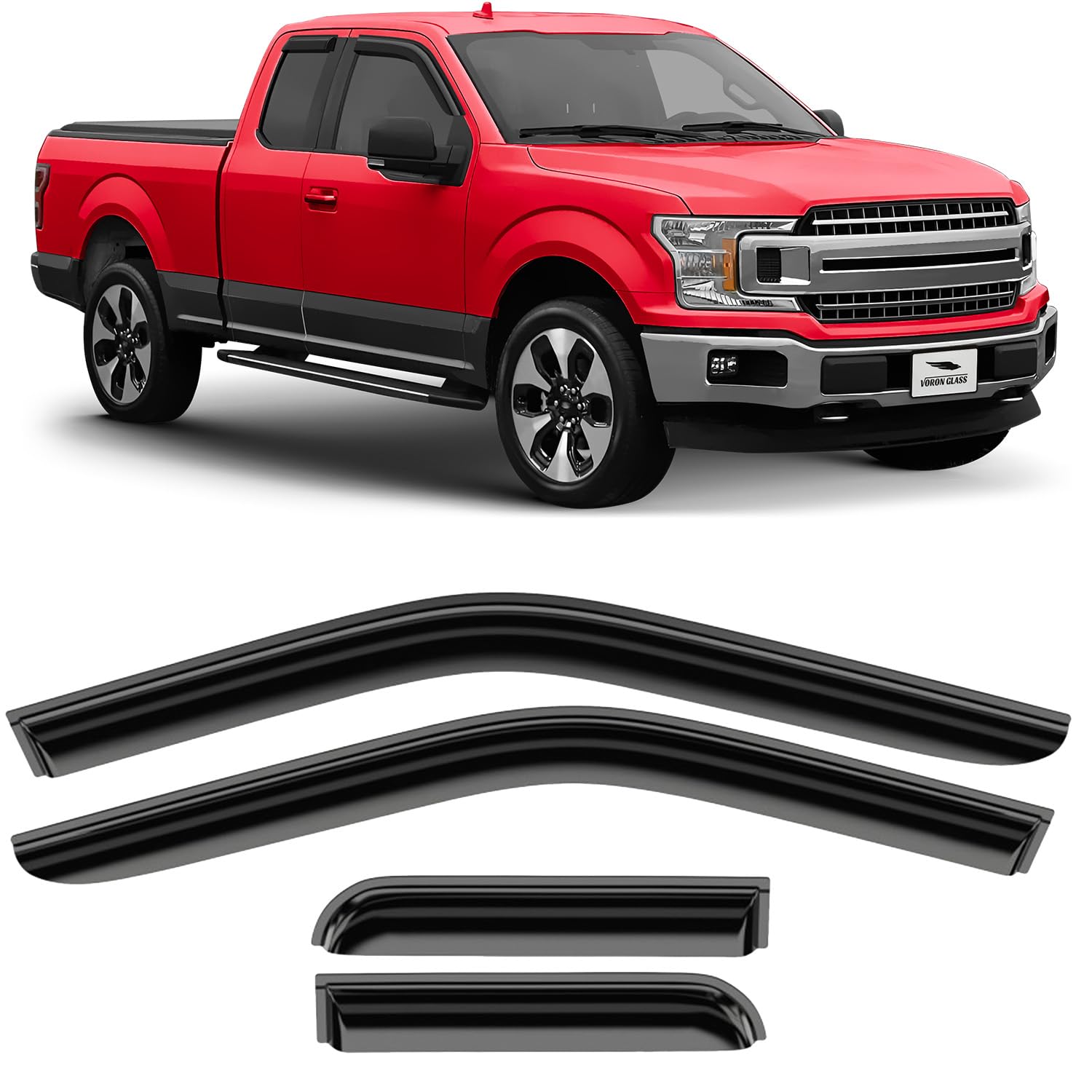 Voron Glass Tape-On Extra Durable Rain Guards For Trucks Ford F-150 2015-2025 Supercab, Window Deflectors, Vent Window Visors, 4