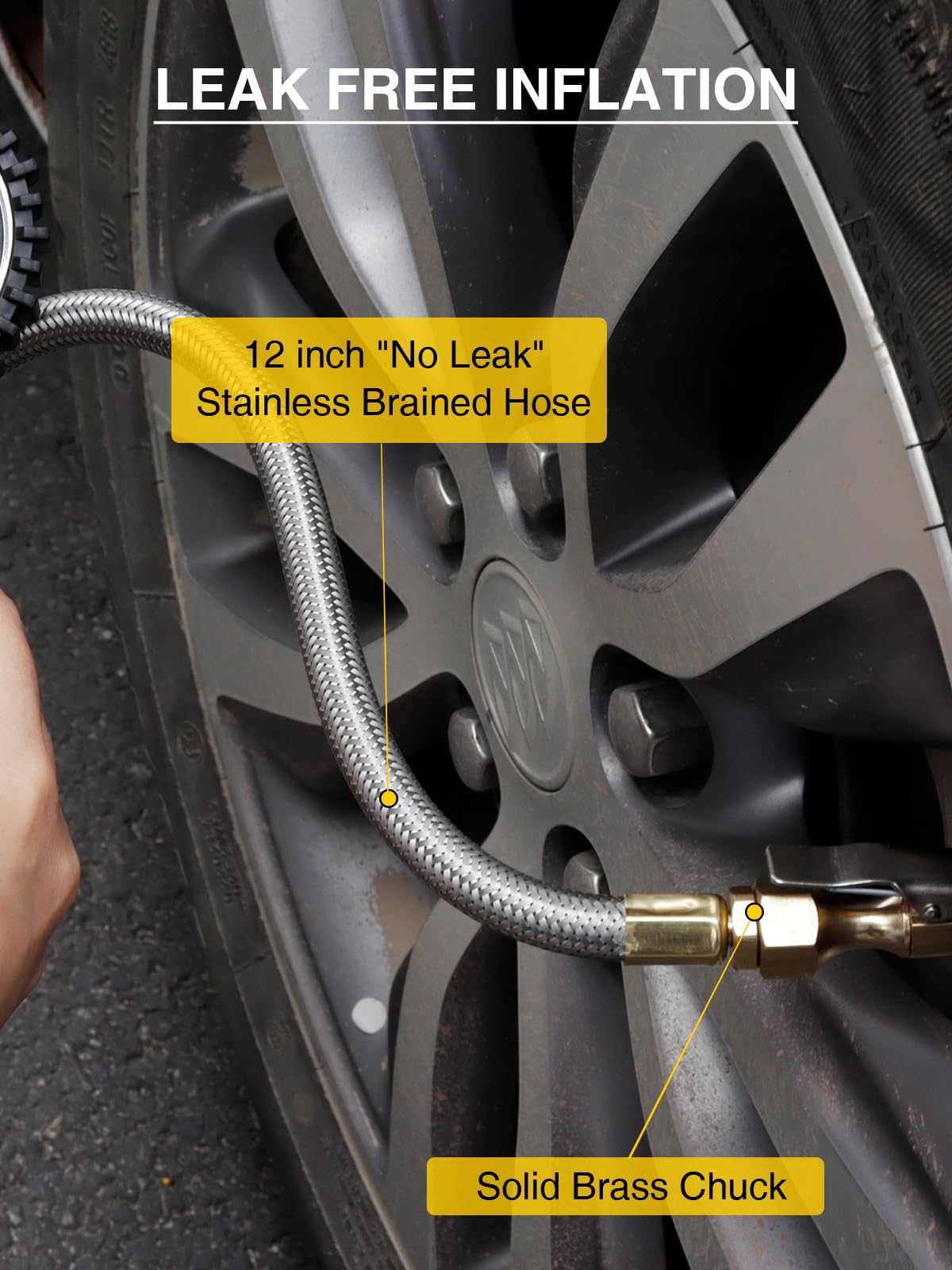 Azuno Tire Pressure Gauge, 255Psi Digital Tire Inflator Gauge Air Chuck Air Compressor Attachments, With Steel Braided Hose, Qui