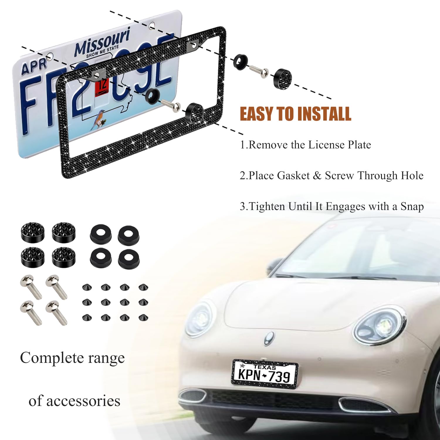 Ewbn Bling License Plate Frame For Women, 2 Pack Premium Stainless Steel Diamond License Plate Holder,Sparkly Car Accessories Rh