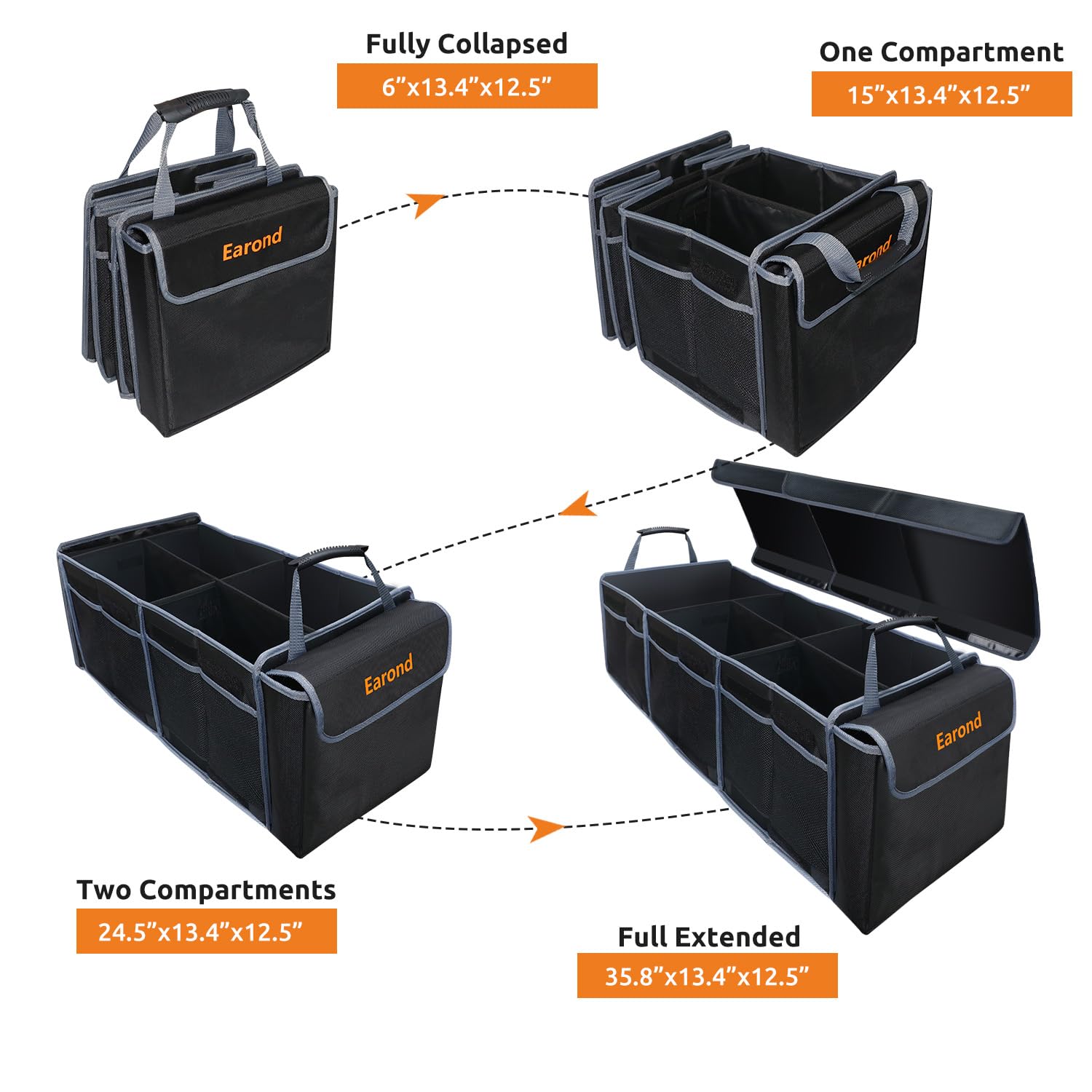 Earond Car Trunk Organizer With Lid,Collapsible Car Storage Organizer With Multi Compartments And Securing Straps For Suv,Sedan,