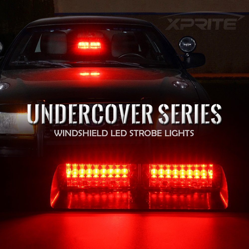 Xprite Red Led Emergency Dash Strobe Light, Interior Windshield Safety Warning Firefighter Lights W/Suction Cups, 12V Windshield