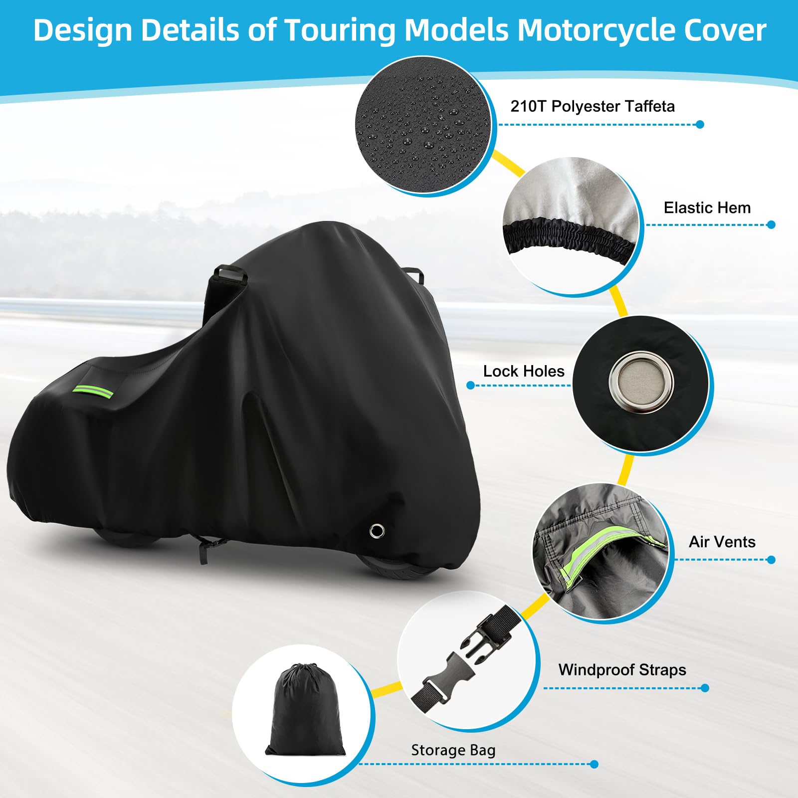 Motorcycle Cover Waterproof for Touring Models Road King/Road Glide/Street Glide/Electra Glide, Heavy Duty Sun UV Rain Snow Outd