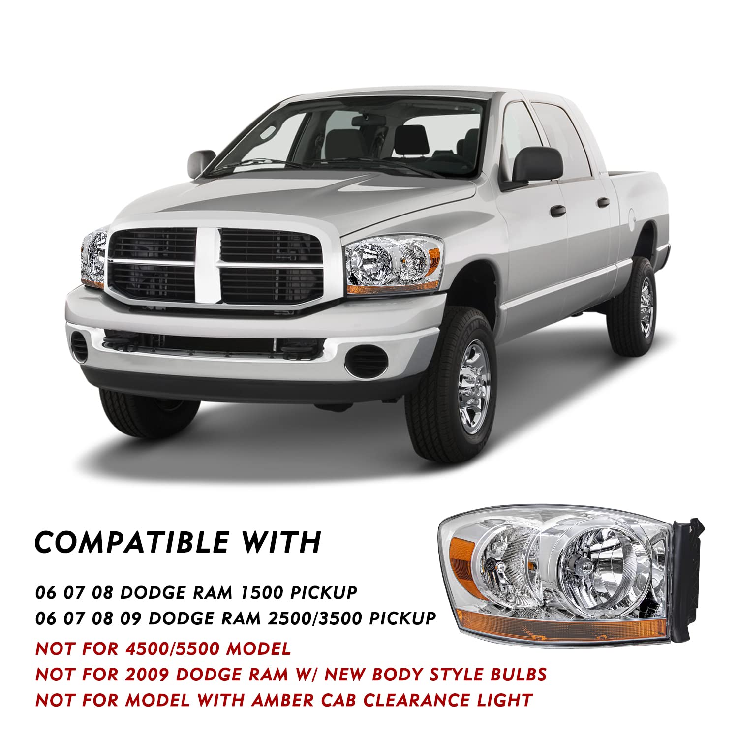 Tusdar Headlight Assembly Set Fits For 2006-2008 Dodge Ram 1500/2007-2009 Dodge Ram 2500 3500 Pickup Driver And Passenger Side