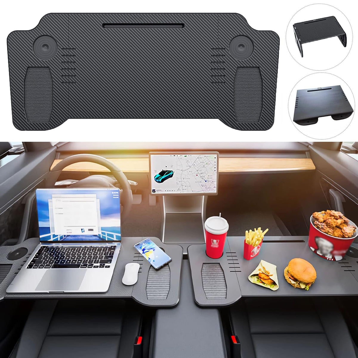 Ronsoile Foldable Car Tray, 2025 Upgraded Car Desk Compatible with Tesla Model Y Model 3 Car Accessories, Steering Wheel Eating 