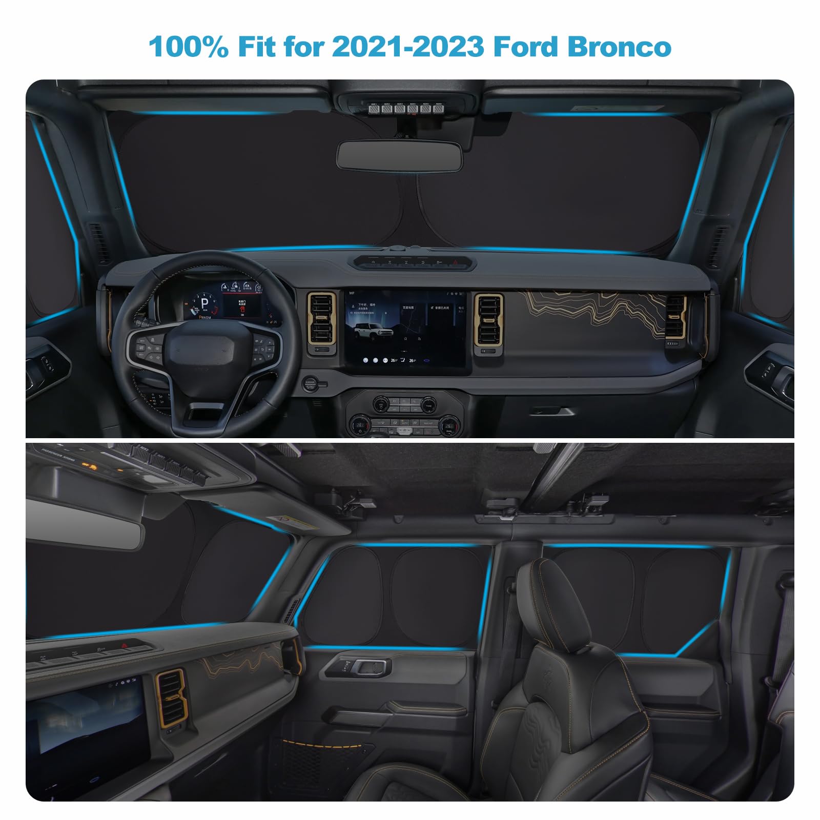 XCBYT 2021-2023 Bronco Window Shades | 6 Layers Thickened Car Window Covers | 2 in 1 Car Full Window Privacy Curtains | 100% Bla