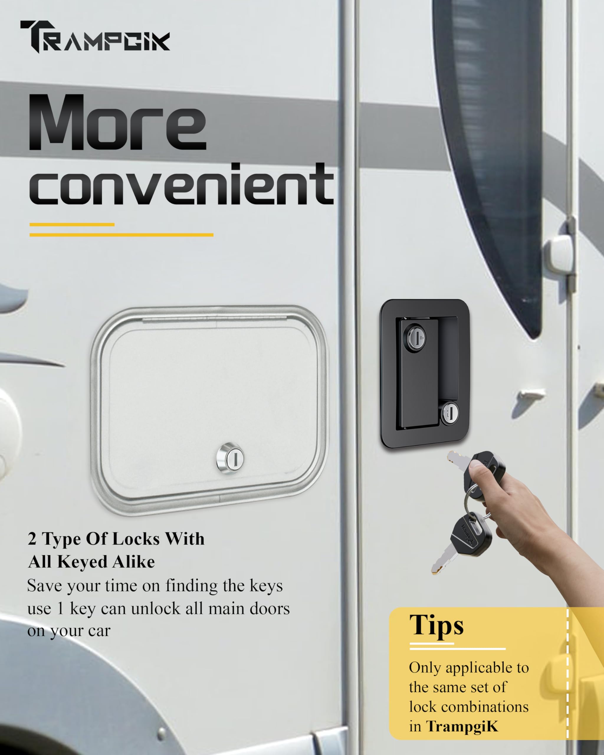 Trampgik Rv Door Lock Set, For Rv Camper,Travel Trailer Entrance Front Door,1 Plastic Camper Door Lock + 2Pcs Storage Locks, 1 1