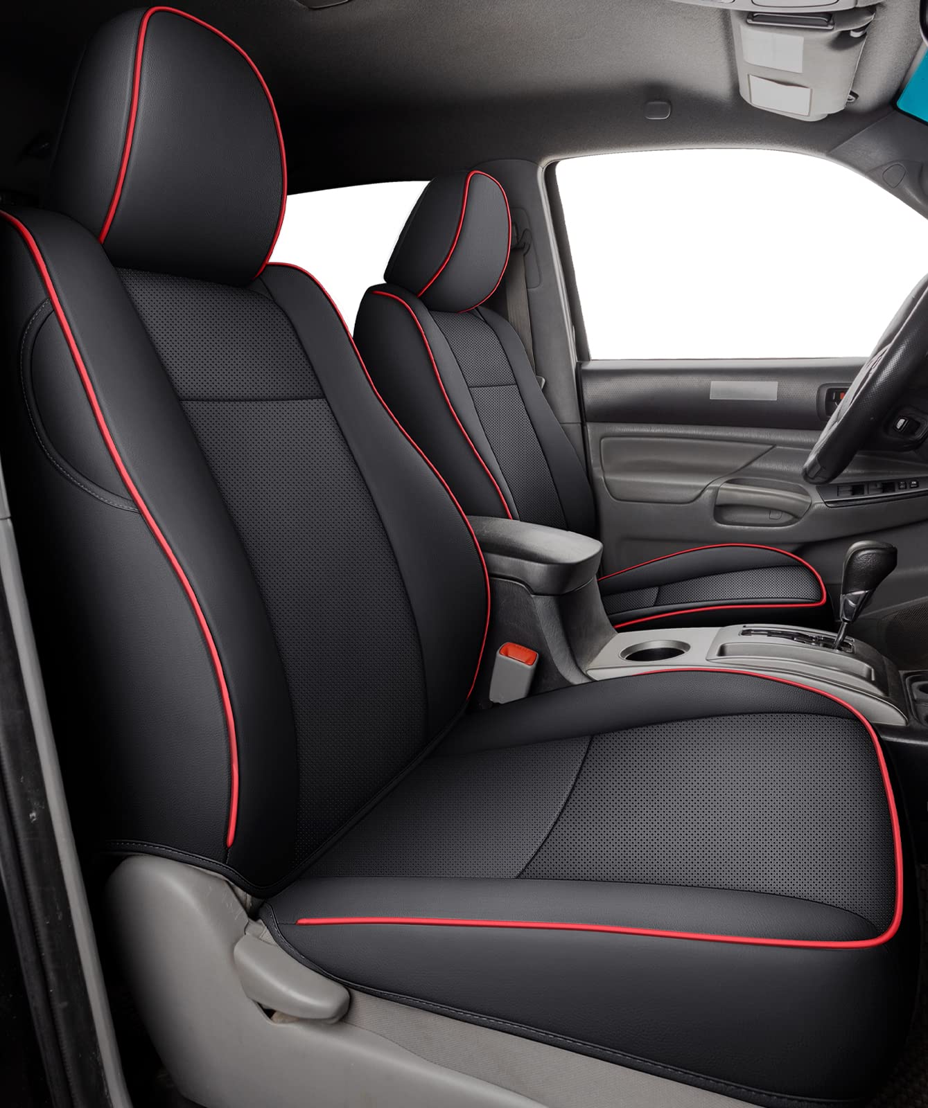 Luckyman Club 2005-2015 Tacoma Custom Fit Seat Covers For Crew Cab With Faux Leather (2005-2015 Black & Red)