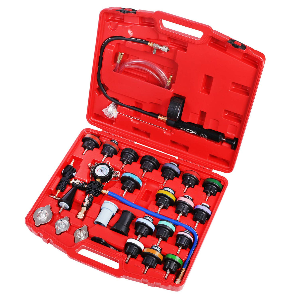 Jifetor Radiator Pressure Tester Coolant Vacuum Refill Kit, 28Pcs Cooling System Leak Test Pneumatic Purge Fill Tool Set, Univer