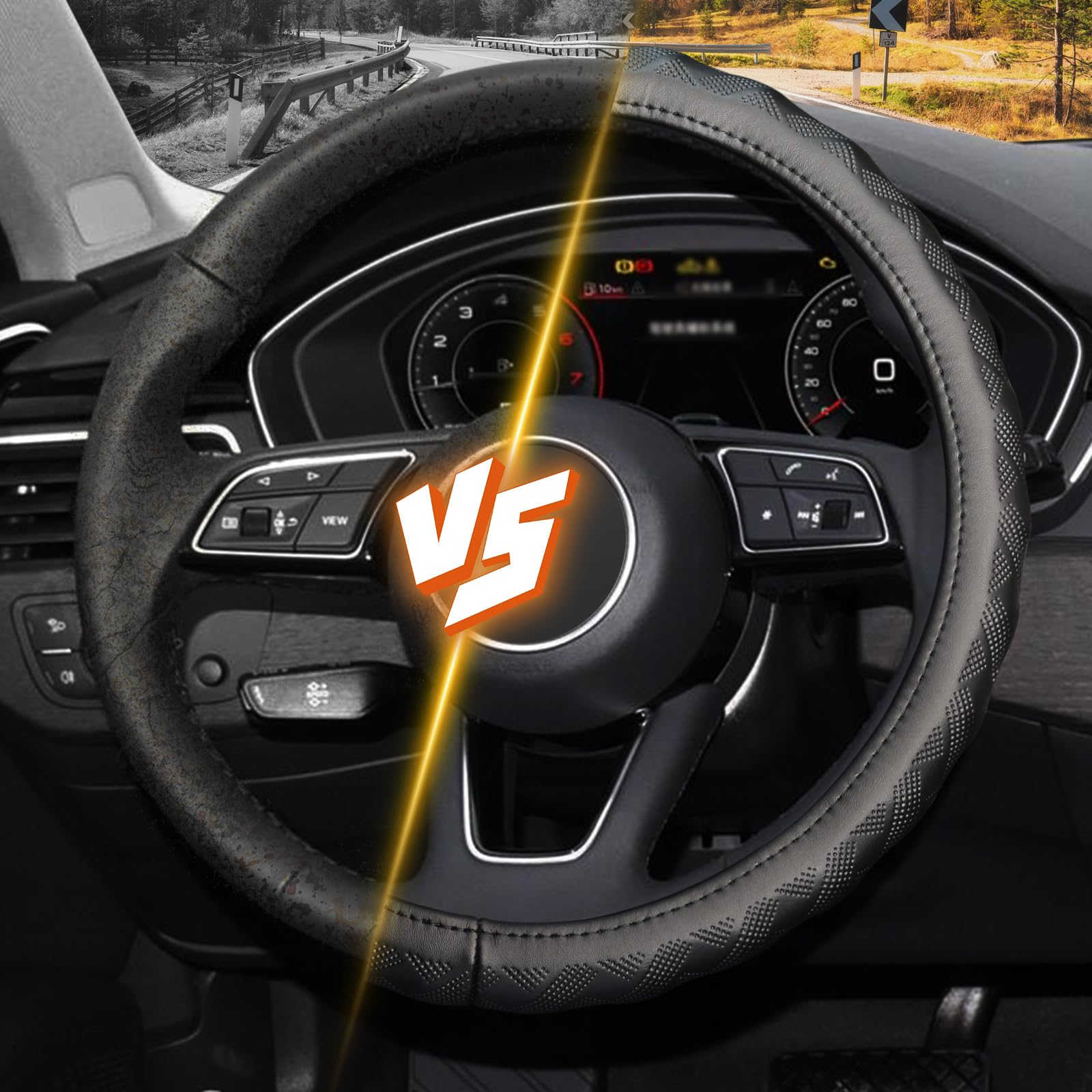 Kafeek Steering Wheel Cover, Universal 15 Inch, Microfiber Leather, Bamboo Weave Style,Breathable Non-Slip,Black