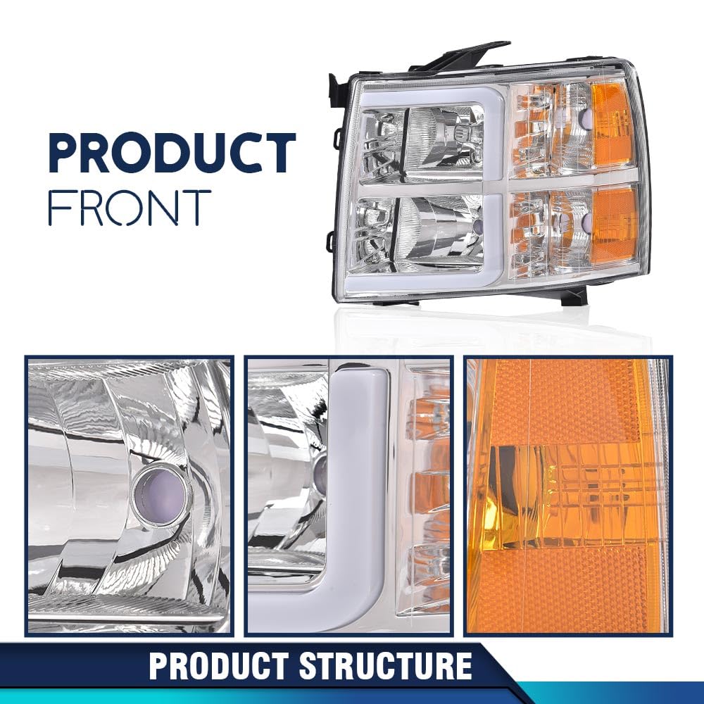 Pit66 Led Drl Tube Projector Headlights W/O Bulb Compatible With Chevy Silverado 1500 2007-2013/2500Hd 3500Hd 07-14(Not Fit 2007