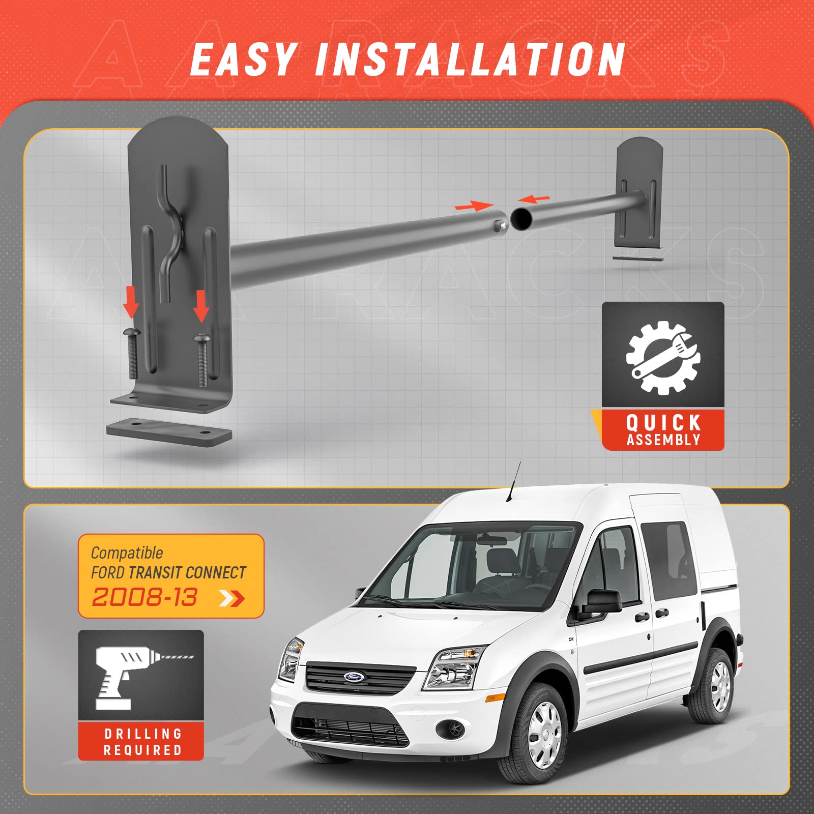 Aa-Racks Model Dx36 Compatible Transit Connect 2008-13 Steel 3 Bar Utility Drilling Van Roof Ladder Rack System - Sandy Black