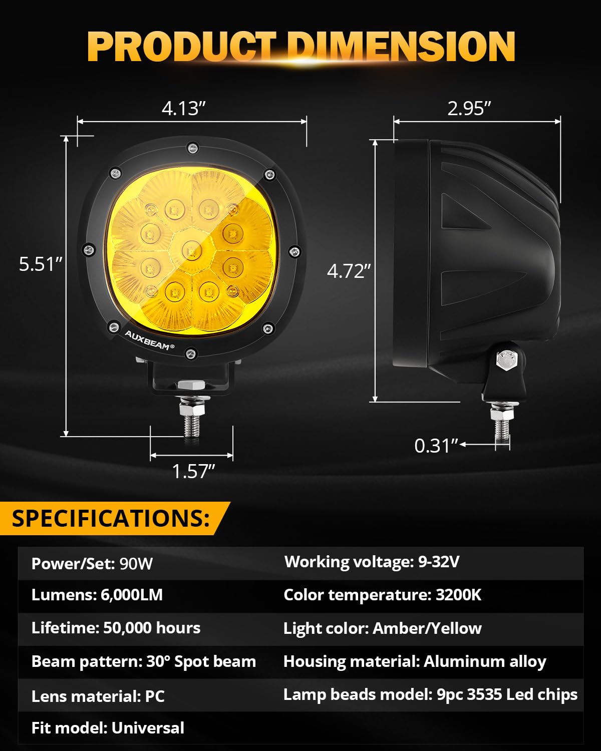 Auxbeam 4In 90W Amber Round Led Offroad Lights 2Pcs 9000Lm Amber Fog Super Bright Driving Light With Wiring Harness Kit Spot Bea