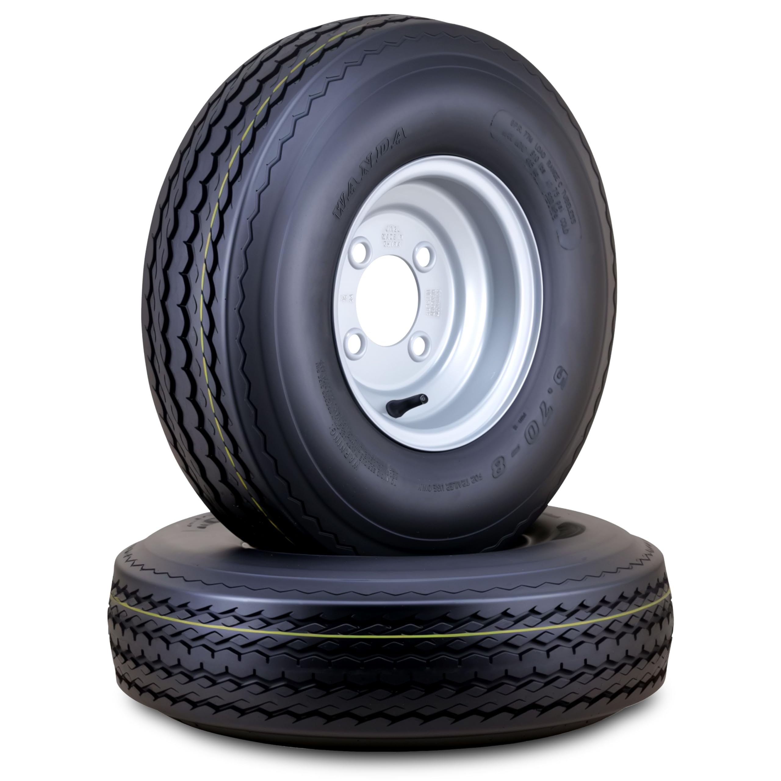WANDA Trailer Tire Wheel Assembly 5.70-8 6-Ply C 77M with 4 Lugs on 4 PCD Silver Rim,SET 2