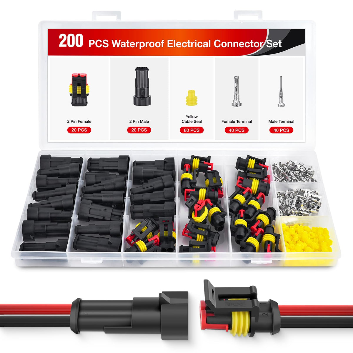 Nilight 200PCS 2 Pin Electrical Connector Plug Male Female Terminal Wire Connector Waterproof Connectors 2 Way Automotive Connec