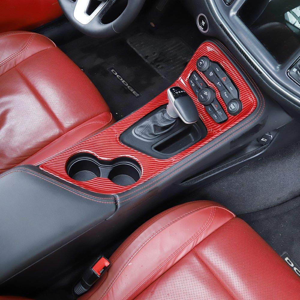 Voodonala For Challenger Gear Shift Panel Trim For 2015-2022 Dodge Challenger, Abs Red/Carbon Fiber
