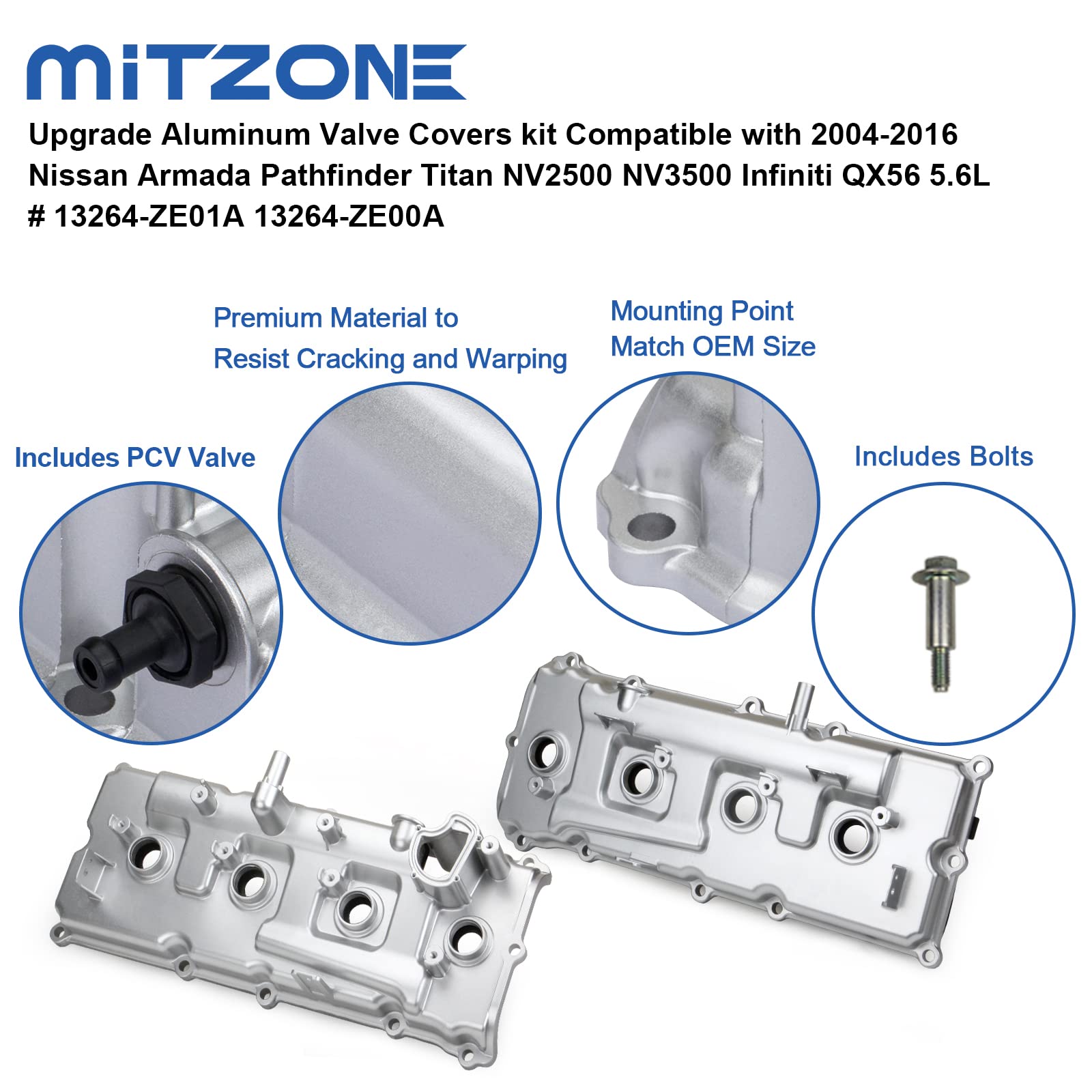 Mitzone Upgrade Aluminum Valve Covers Kit Compatible With 2004-2016 Nissan Armada Pathfinder Titan Nv2500 Nv3500 Infiniti Qx56 5.6L # 13264-Ze01A 13264-Ze00A