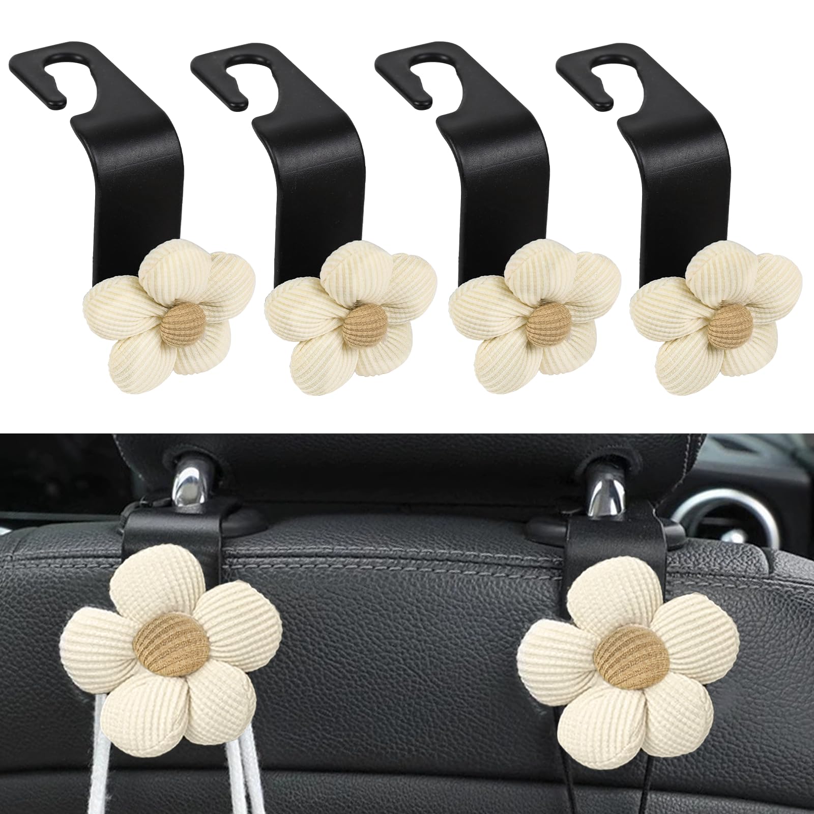 Hbxdeco 4PCS Car Seat Headrest Hook, Cute Flower Car Seat Back Hanging Hook, Auto Seat Purse Hanger Organizer for Handbag Clothe