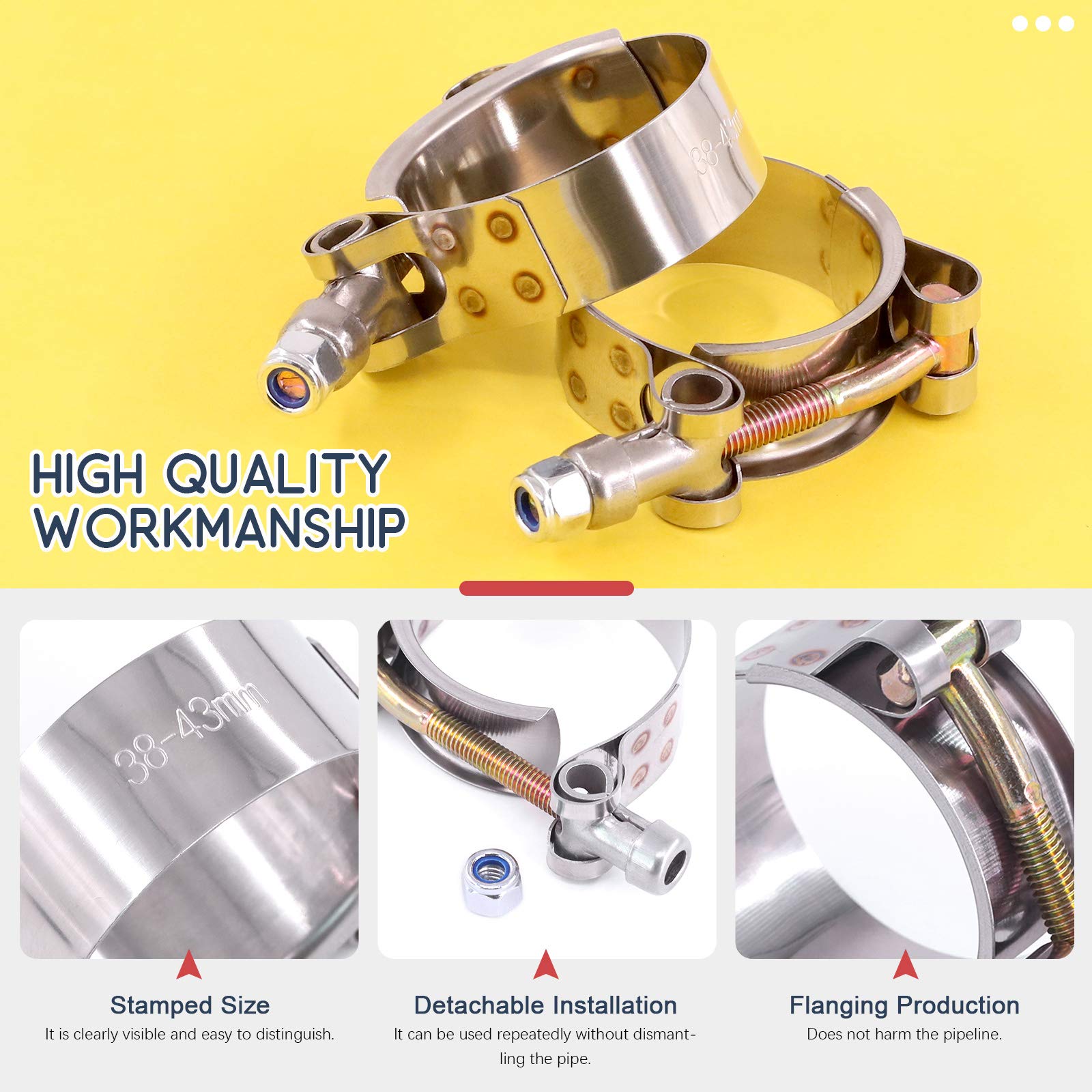 Hilitchi 5Pcs Stainless Steel T-Bolt Clamps With Rounded Band Edges Heavy Duty Turbo Intake Intercooler Clamp (38-43Mm) For 1 3/