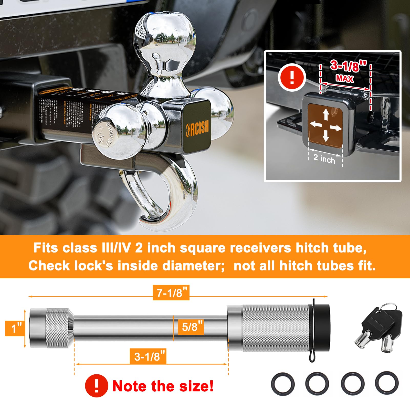 Orcish Trailer Hitch Tri-Ball Mount With Hook Contain Secure Self-Lock Latch, Trailer Ball Size 1-7/8'', 2'' And 2-5/16'', Fit 2