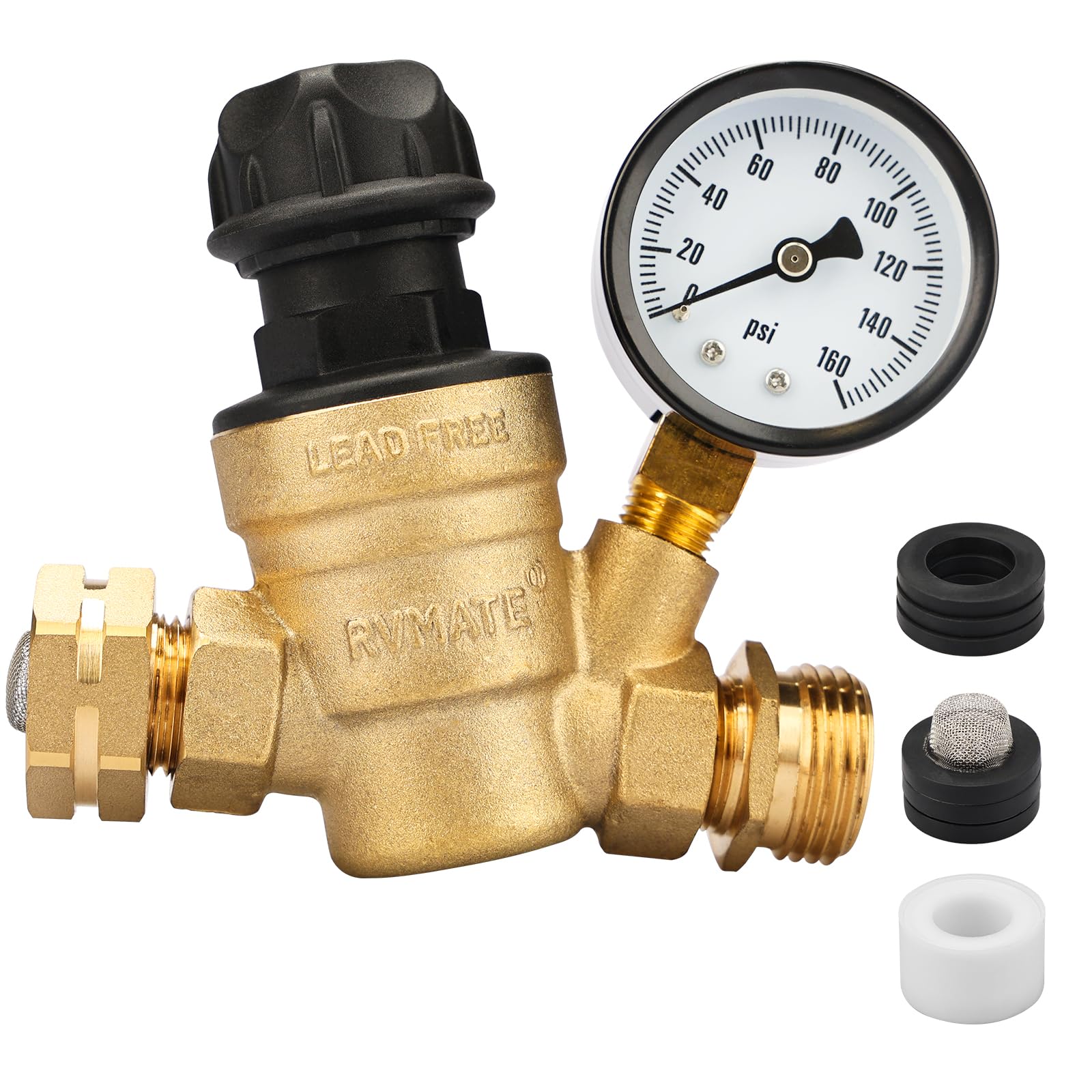 Rvmate Rv Water Pressure Regulator With Adjustable Knob, Brass Lead-Free Water Pressure Reducer Kit, Adjustable Valve With Inlet