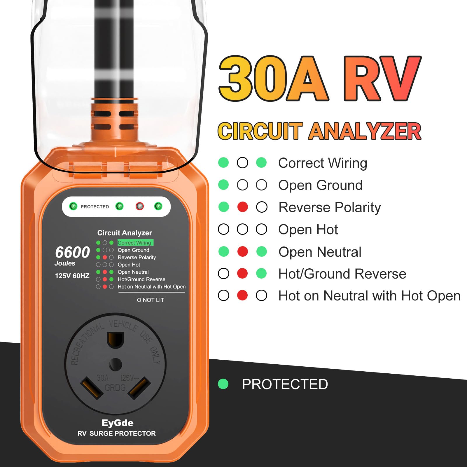 Eygde Rv Surge Protector 30 Amp Waterproof, Rv Circuit Analyzer With With Full Electrical Protection, Power Plug Adapter Protectors For 30Amp Camper Travel Trailer Accessories
