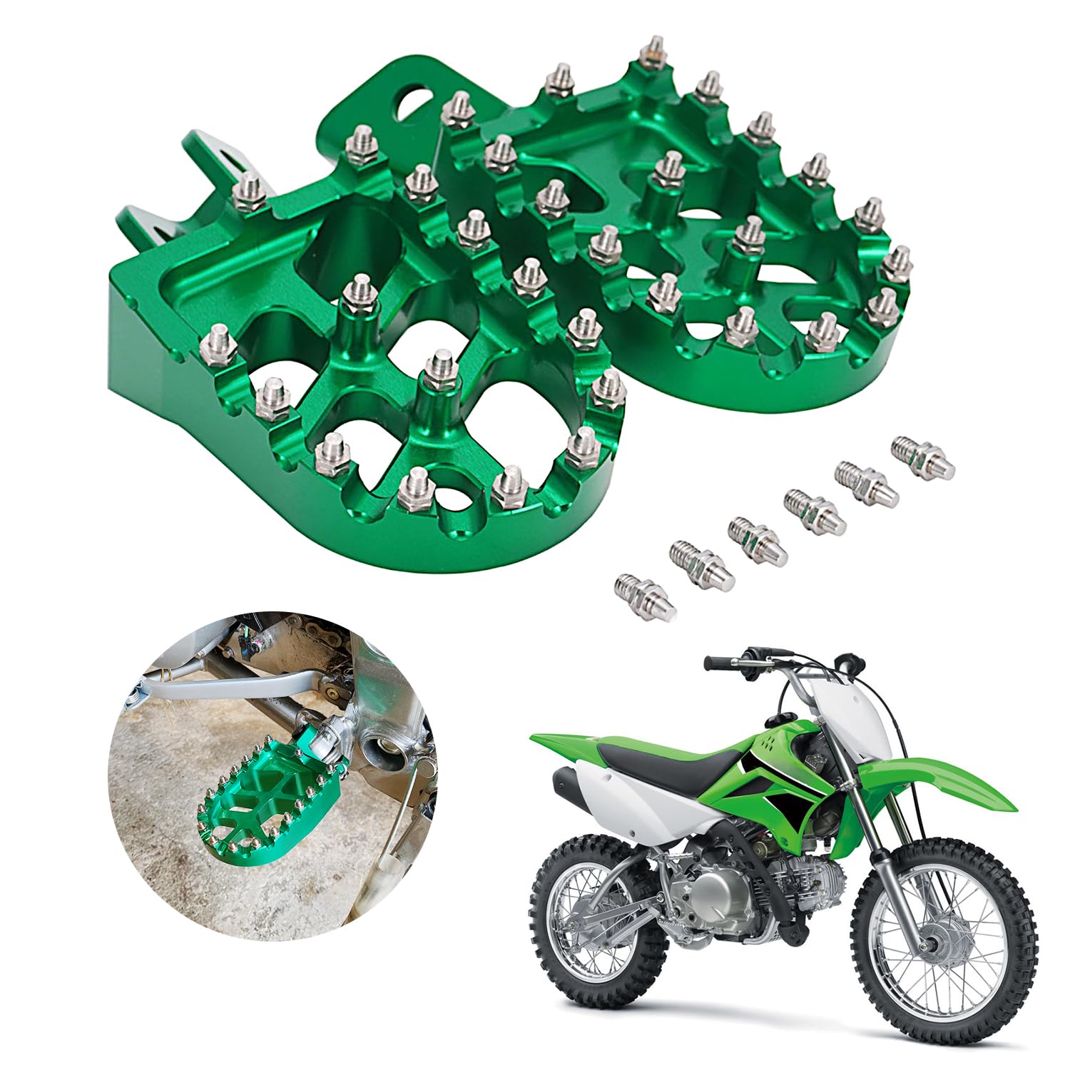 Anxin Foot Pegs Motorcycle Footpegs Foot Pedals Rests Cnc For Klx 110 Klx110 2002-2023 Klx110L 2010-2023 Kx60 1998-2003 Green Oe